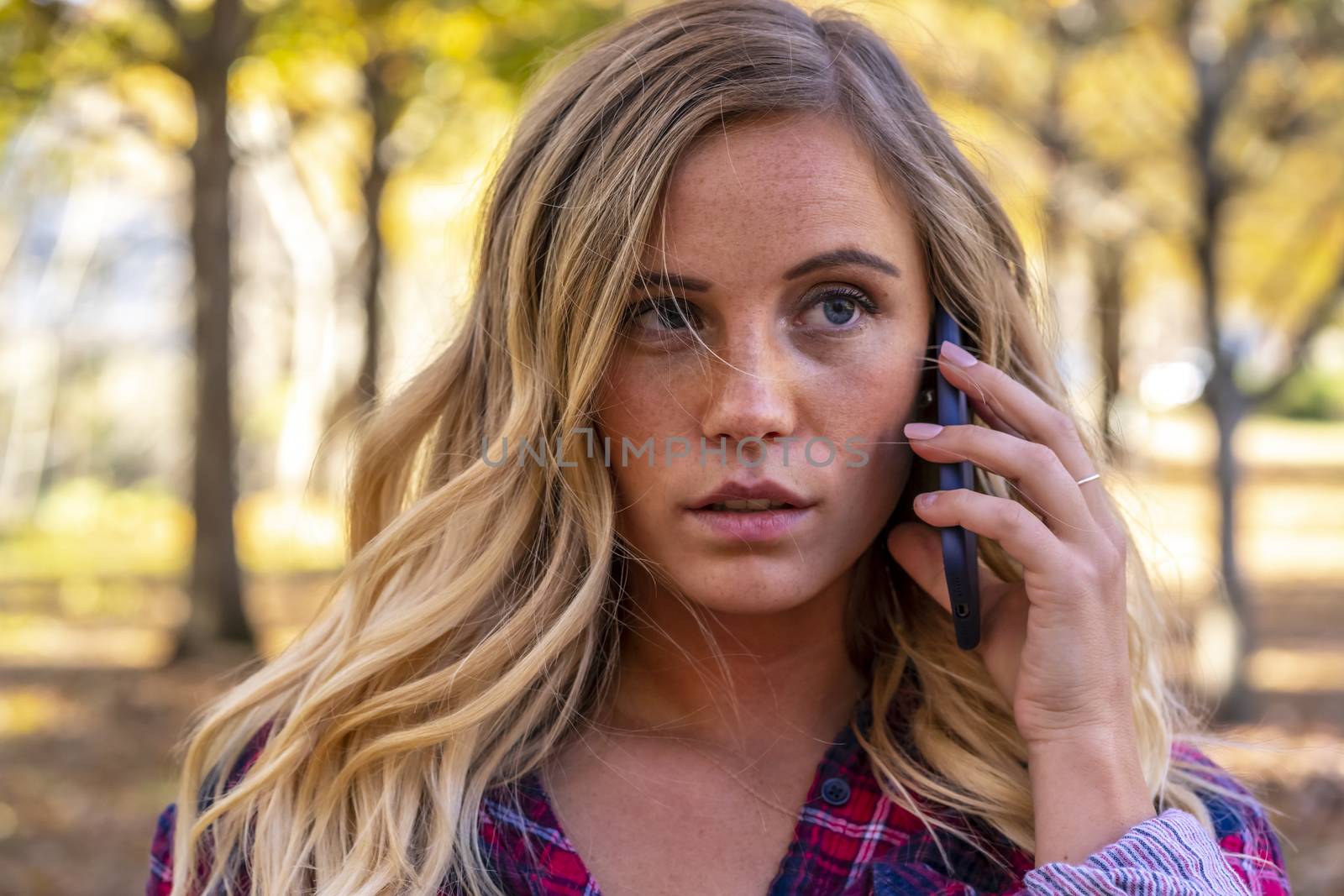 A gorgeous blonde model talks on her cellphone on an autumn day outdoors in a park