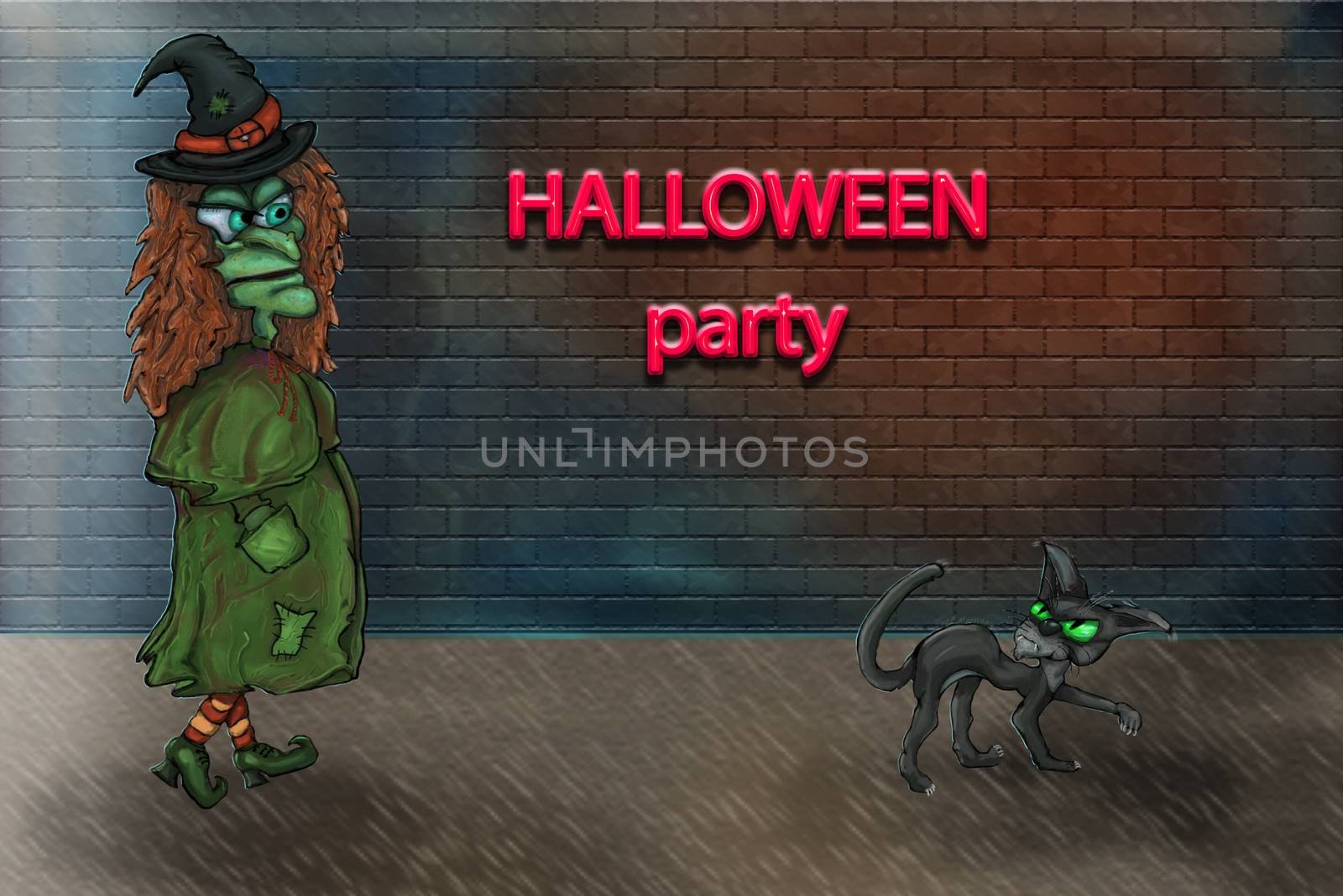 Green Witch with black cat is going to party. Bricks wall on the background. by KajaNi