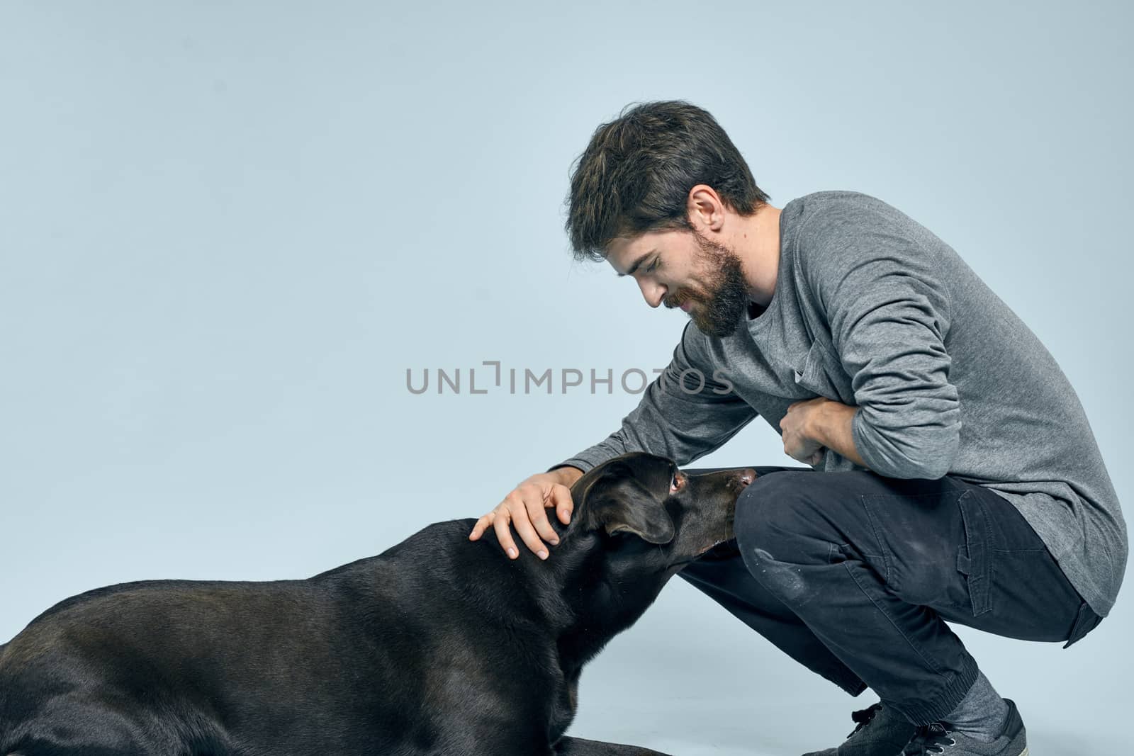 The man trains the dog indoors and gestures with his hands to execute the model's commands. High quality photo