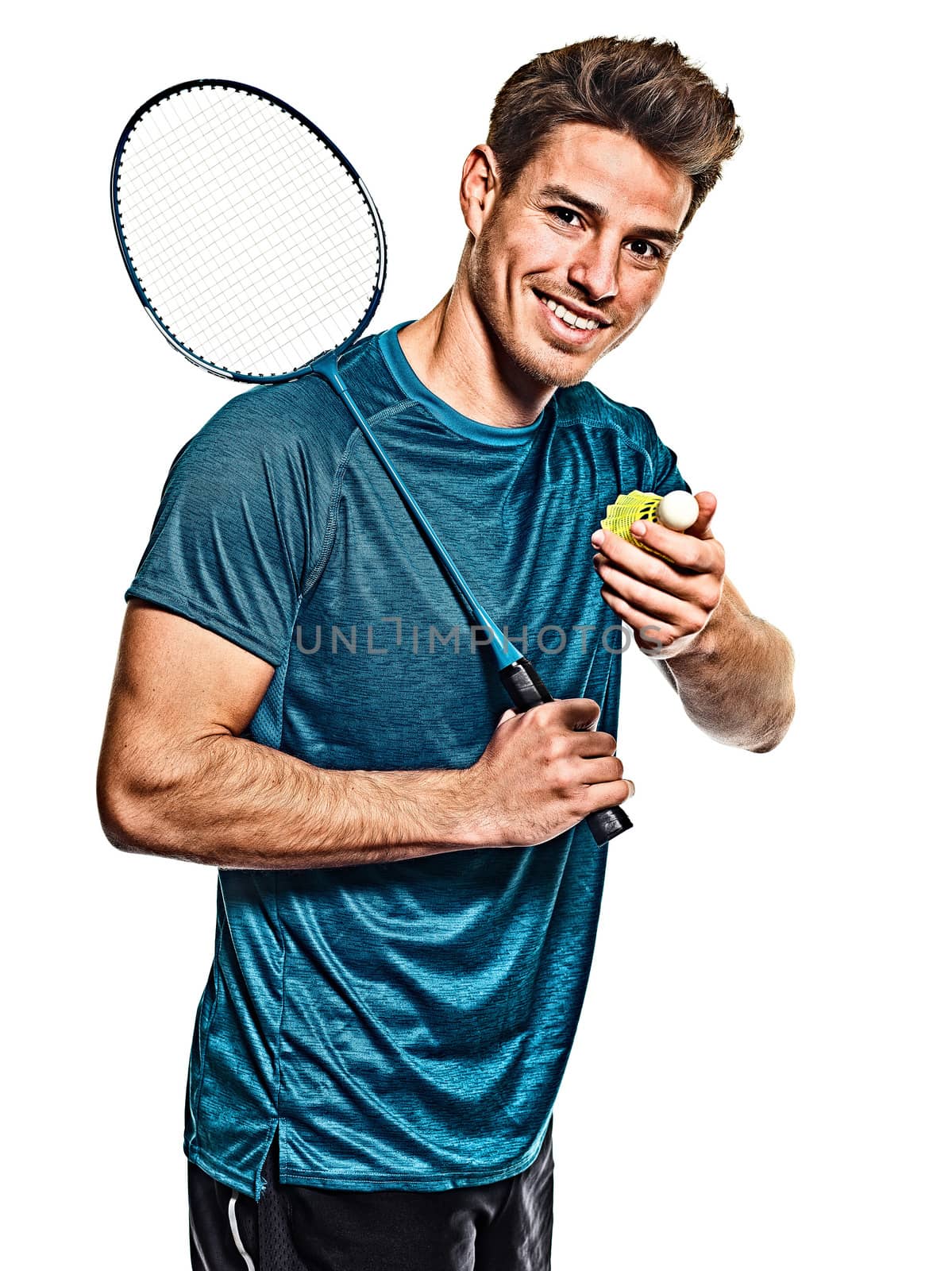 Badminton player young man isolated white background by PIXSTILL