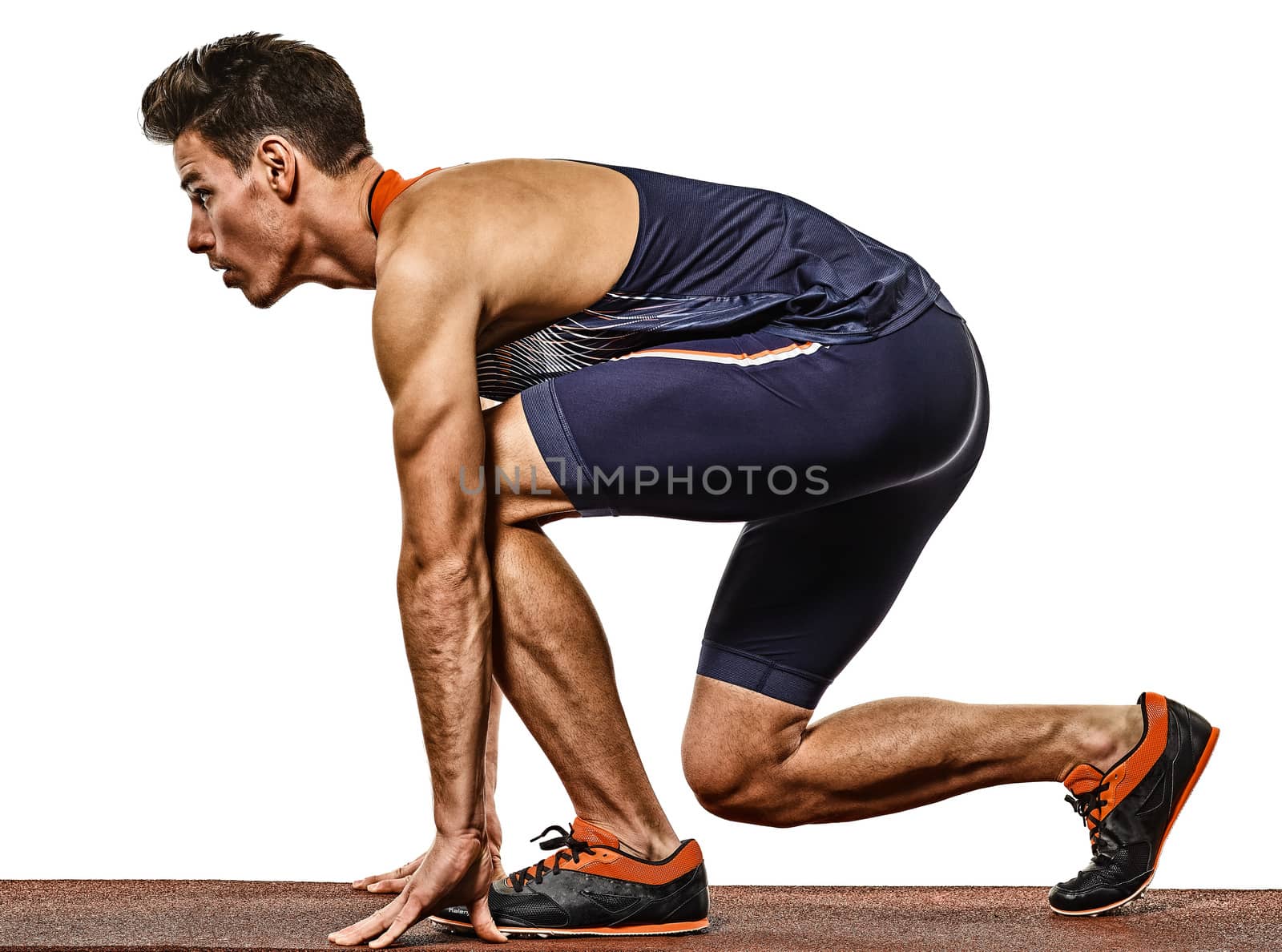 one young caucasian man practicing athletics runner running sprinter sprinting in studio isolated on white background