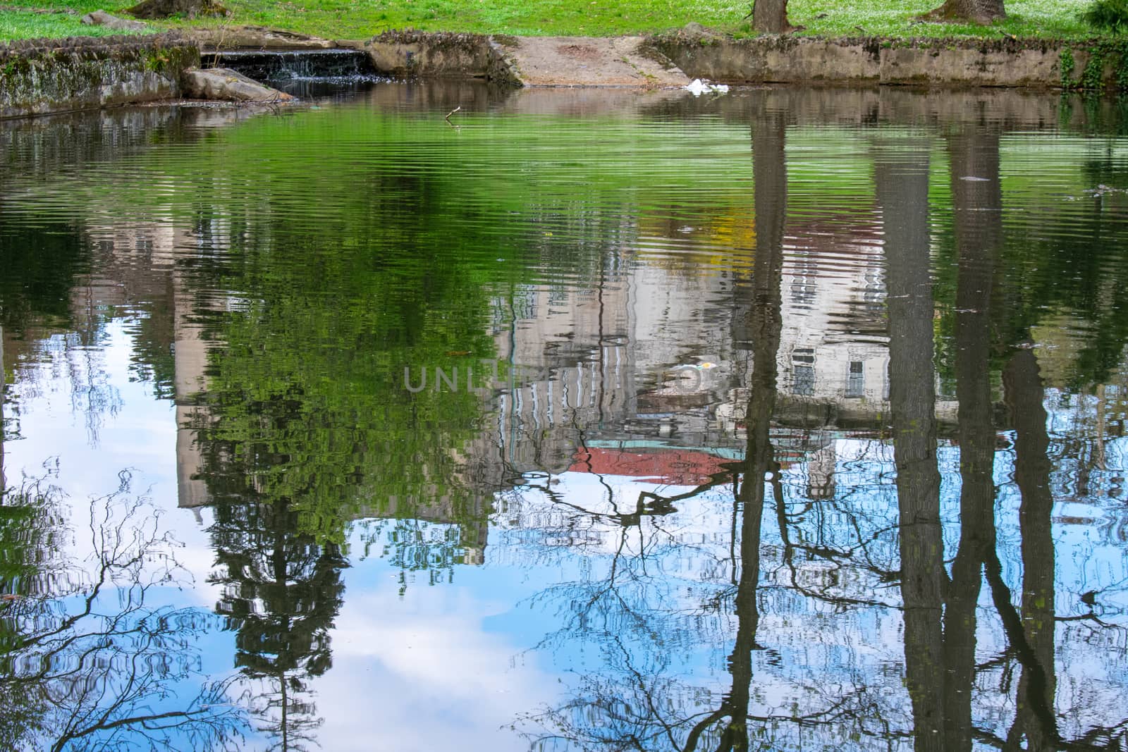 The Reflection of a Detailed Estate in a Lake