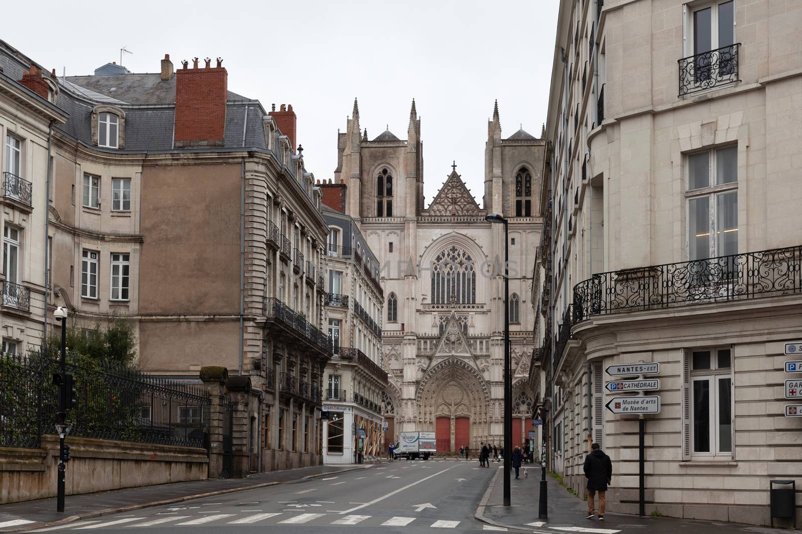 Nantes, France: 22 February 2020: Nantes Cathedral, Cathedral of St. Peter and St. Paul of Nantes, view from Rue General Leclerc de Hauteclocque