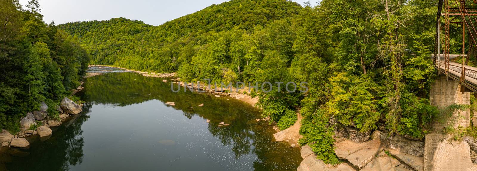 Aerial view of the Cheat River near the 1912 metal truss Jenkinsburg Bridge near Mt Nebo and Morgantown over Cheat River