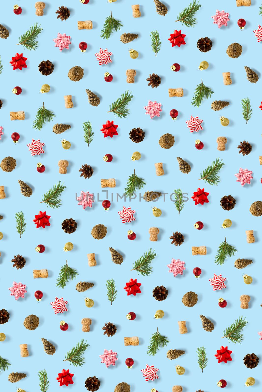 modern christmas background on blue backdrop. creative flat lay for christmas time, banners, posters, prints and other creative works. by PhotoTime