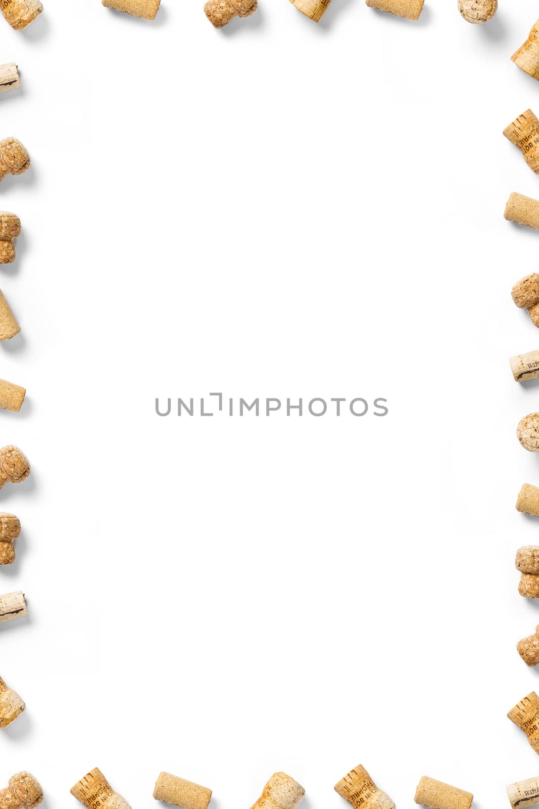 wine corks creative flat lay layout on a white backlit background. flatlay creative wine set with corks and corkscrew for design concept