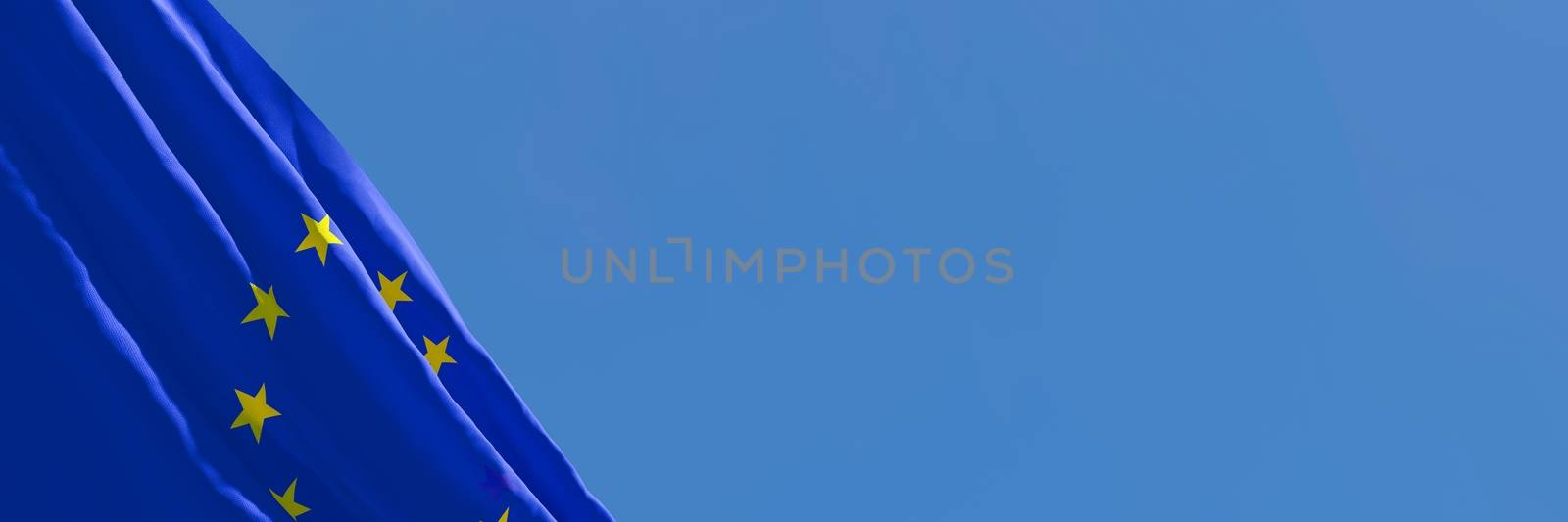 3D rendering of the flag of European Union waving in the wind against a blue sky