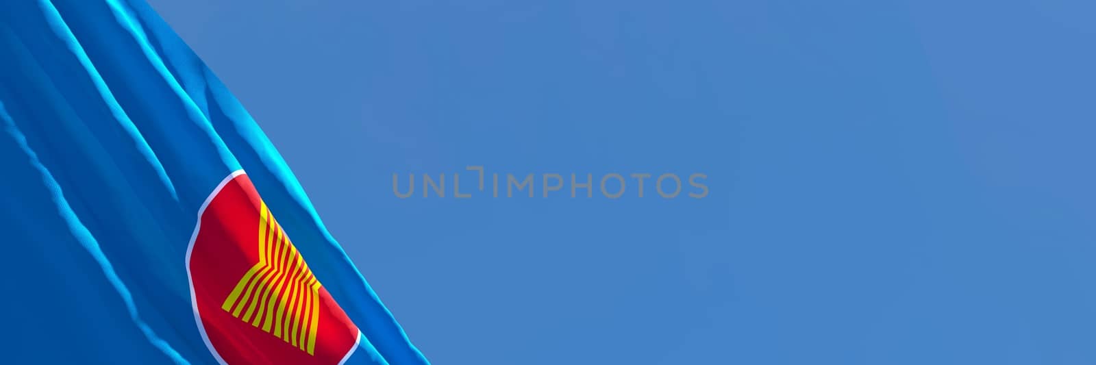 3D rendering of the flag of ASEAN waving in the wind against a blue sky