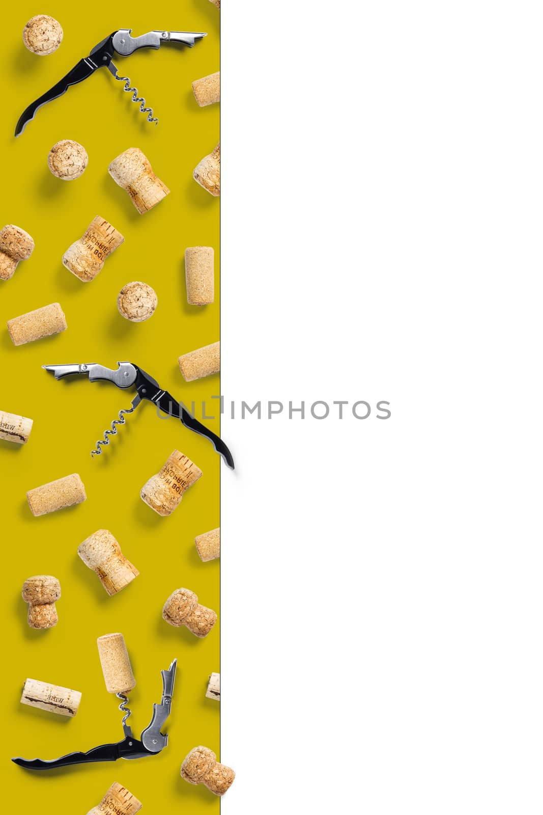wine corks creative flat lay layout on a white backlit background. flatlay creative wine set with corks and corkscrew for design concept. by PhotoTime