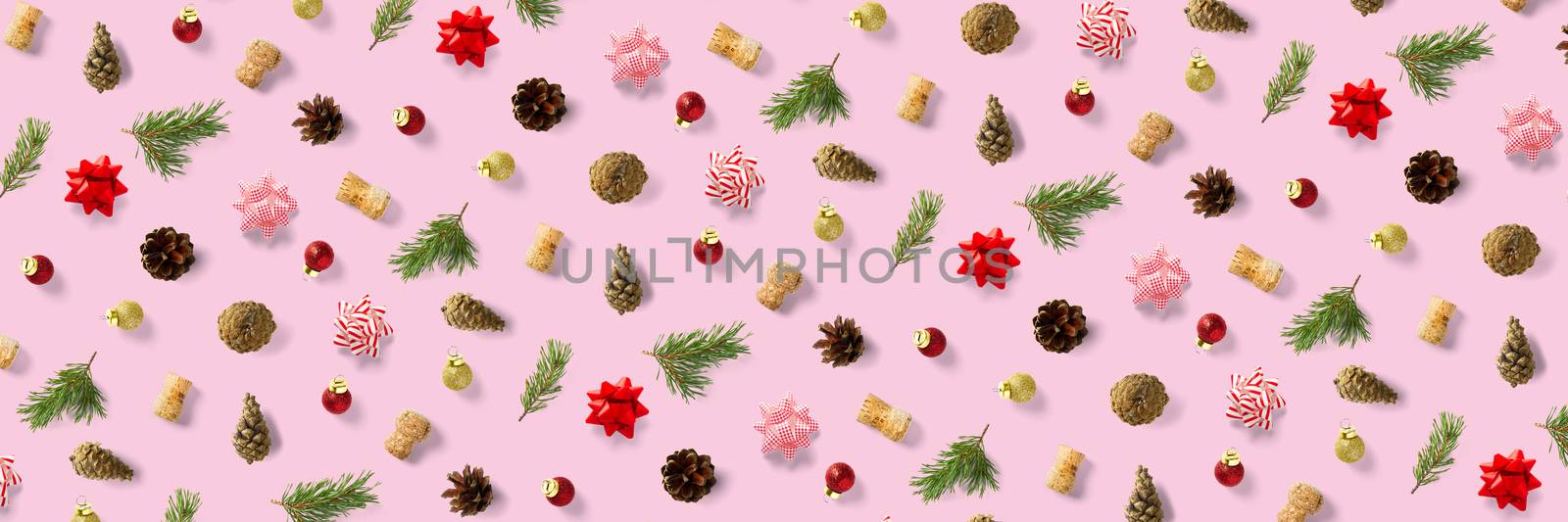 modern christmas background on pink backdrop. creative flat lay for christmas time, banners, posters, prints and other creative works. by PhotoTime