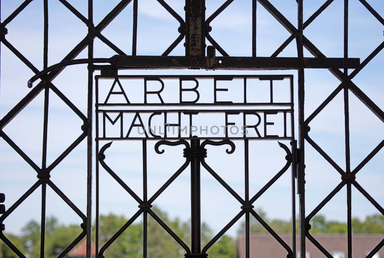 Dachau, Germany on july 13, 2020: Dachau concentration camp entrance gate, the entrance to the first Nazi concentration camp opened in Nazi Germany