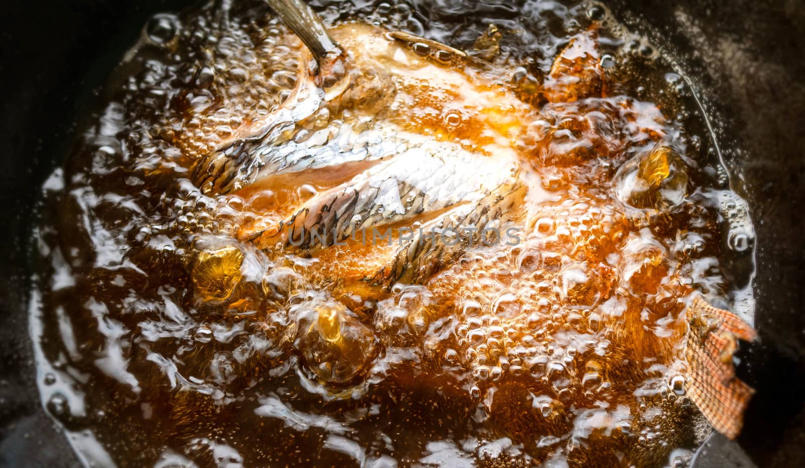 Close up of Fried fish in a frying pan. by TEERASAK