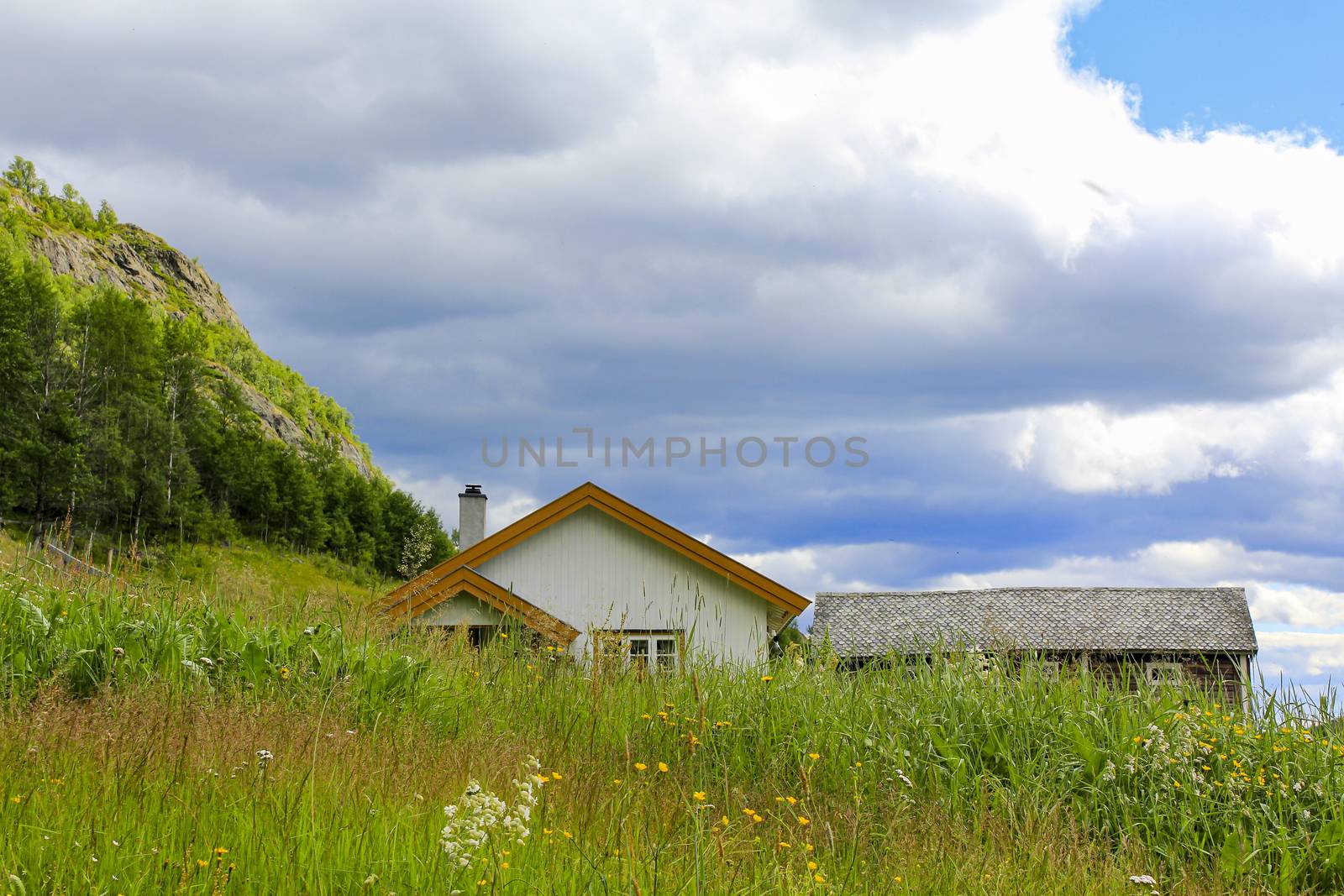 White cottage on a mountain in a meadow in Hemsedal, Viken, Buskerud, Norway.