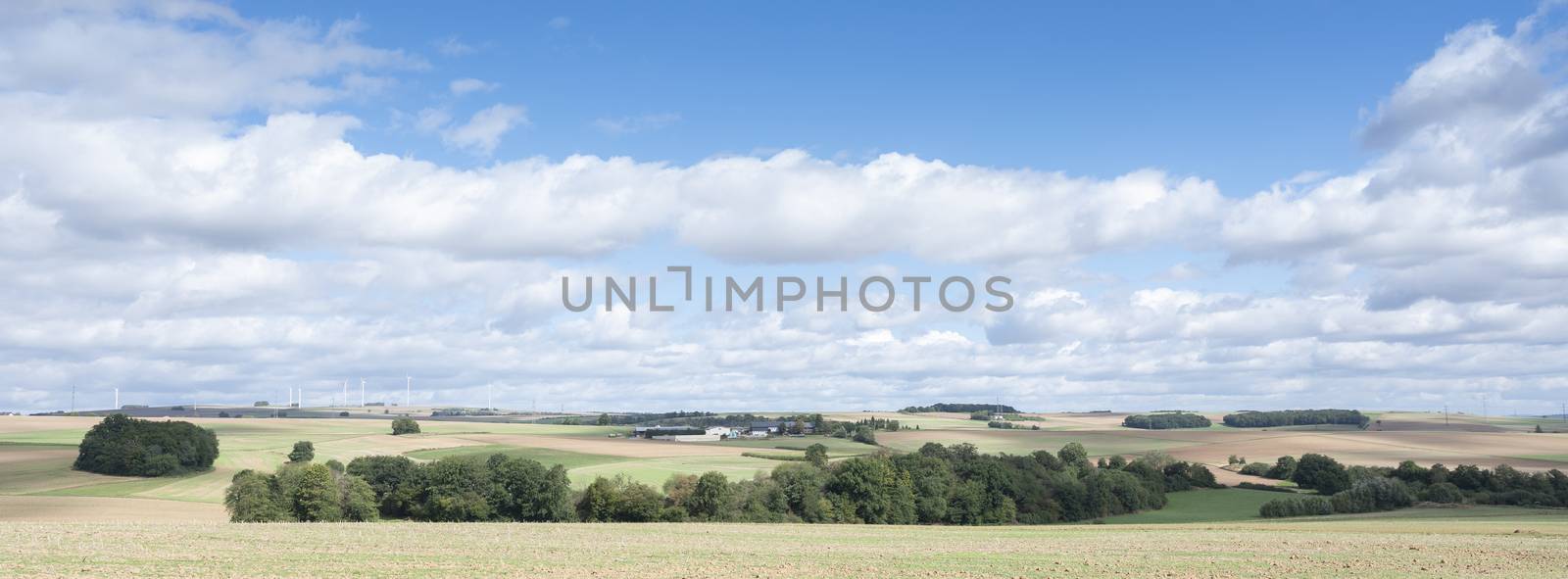 farm and fields on high plane neer Cochem in german eifel under cloudy sky in summer with wind turbines