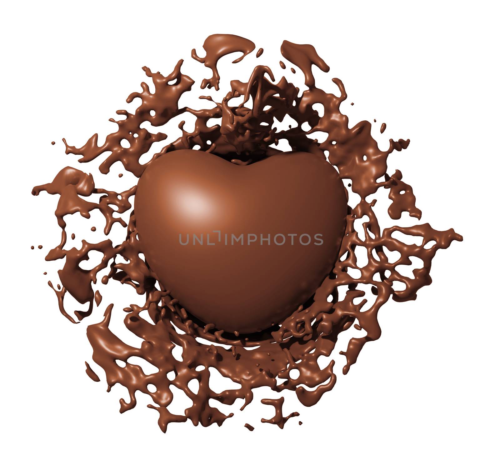 Chocolate heart splash isolated on white background 3d render by Myimagine