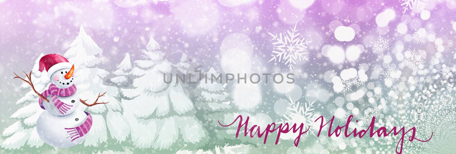 Background for a Christmas greeting card with a picture of a winter landscape, a snowman and a greeting inscription