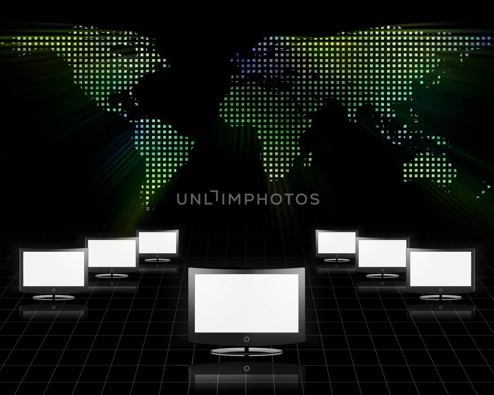 Global Communications. Network with screens. 3D rendering