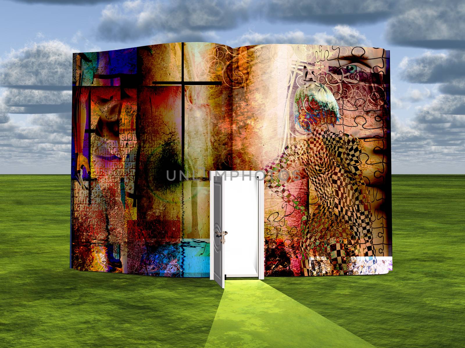 Surrealism. Book with opened door and womans silhouette. 3D rendering