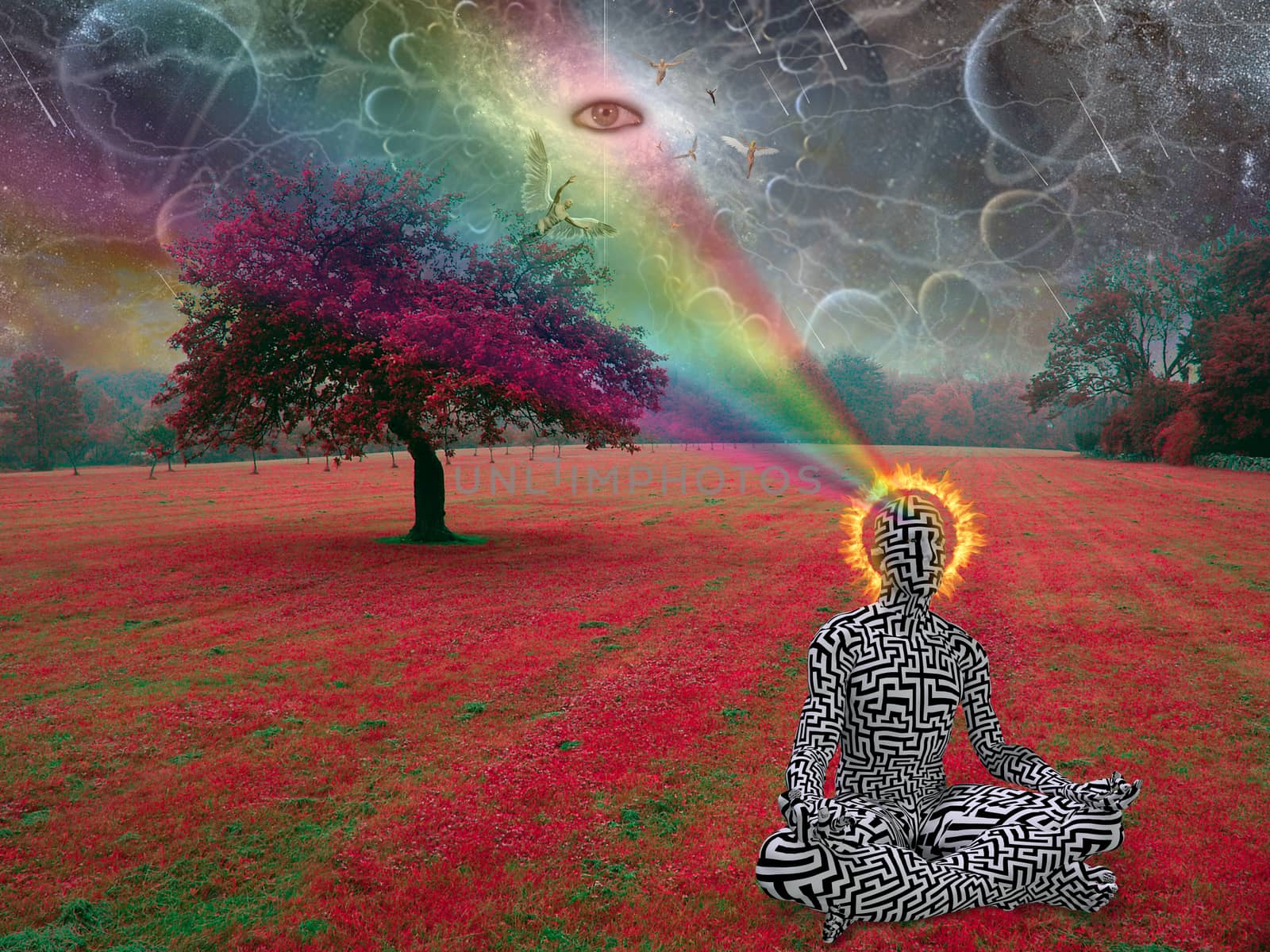Man meditates in lotus pose. All seeing eye and angel in the sky above surreal landscape
