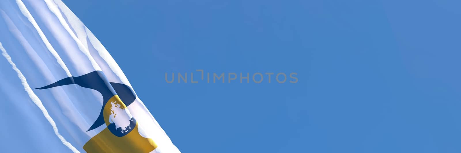 3D rendering of the national flag of Eurasian Economic Union waving in the wind against a blue sky