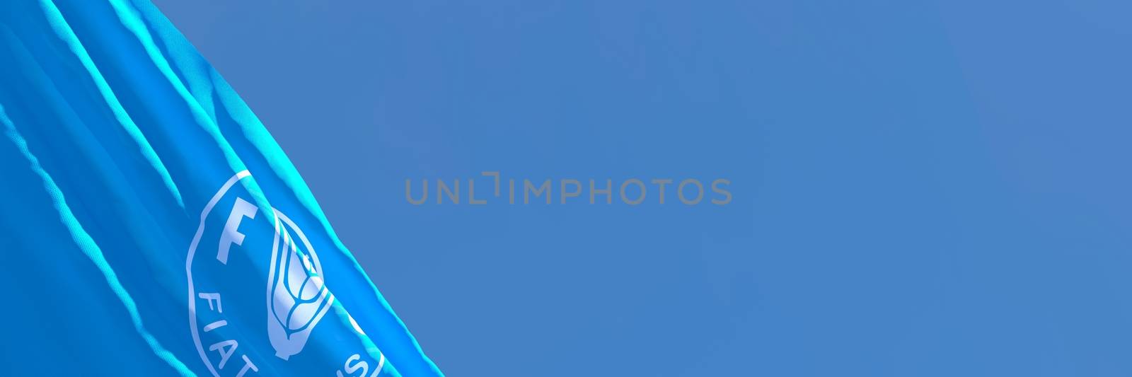 3D rendering of the flag of Food and agriculture organization waving in the wind against a blue sky