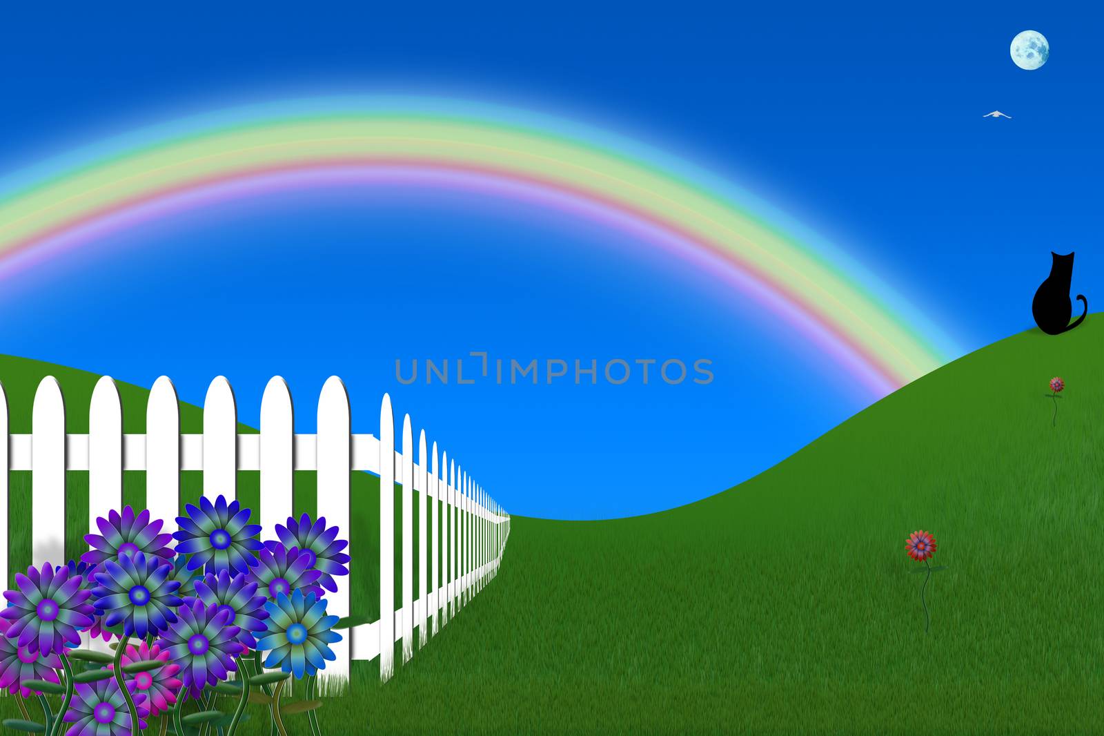 Peaceful backyard. White fence and rainbow. 3D rendering