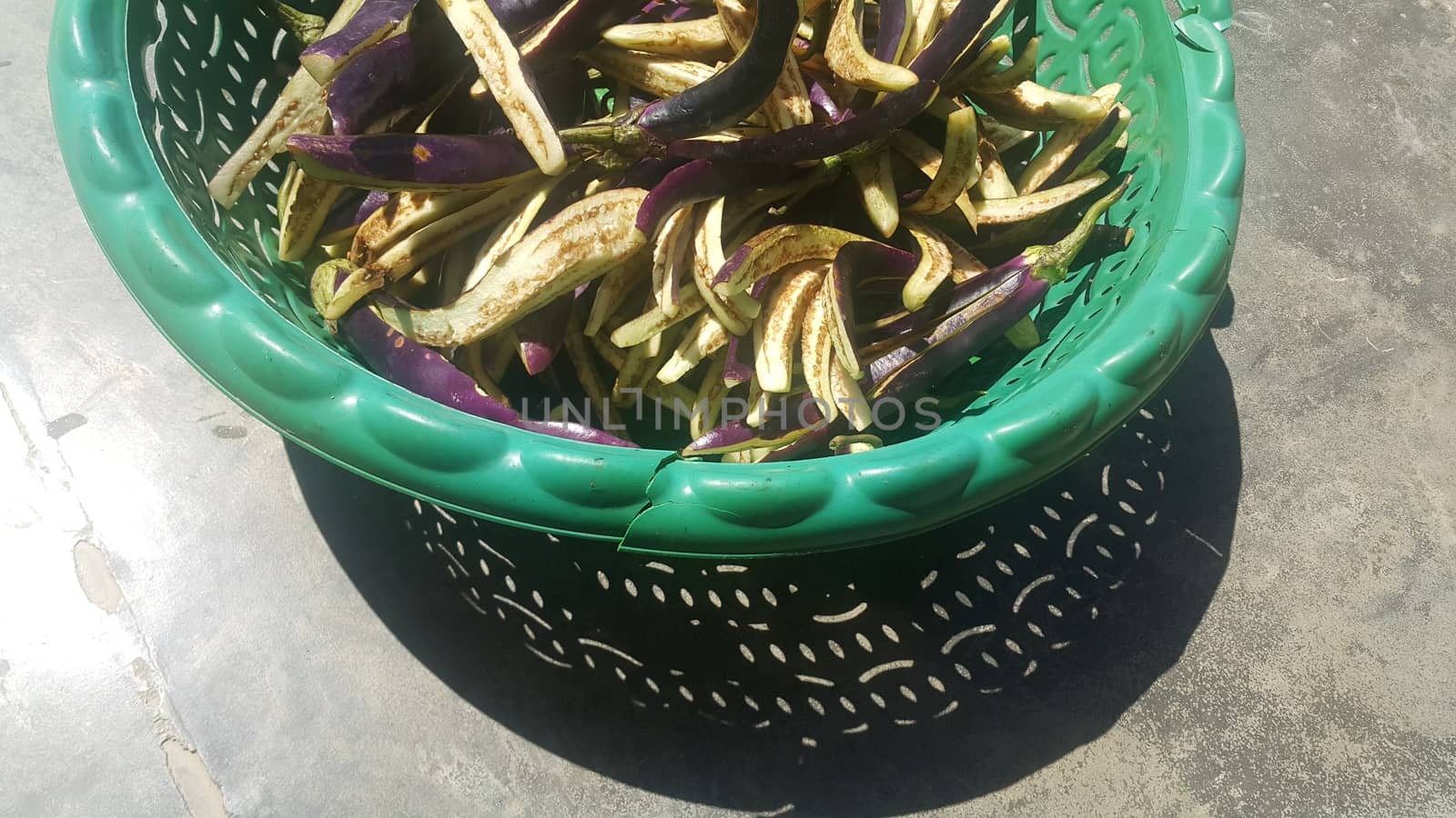 Closeup view of long slices of frsh brinjals placed in a green plastic basket over a grey concrete floor. Slices brinjals ready to be cooked for tradition home made dish