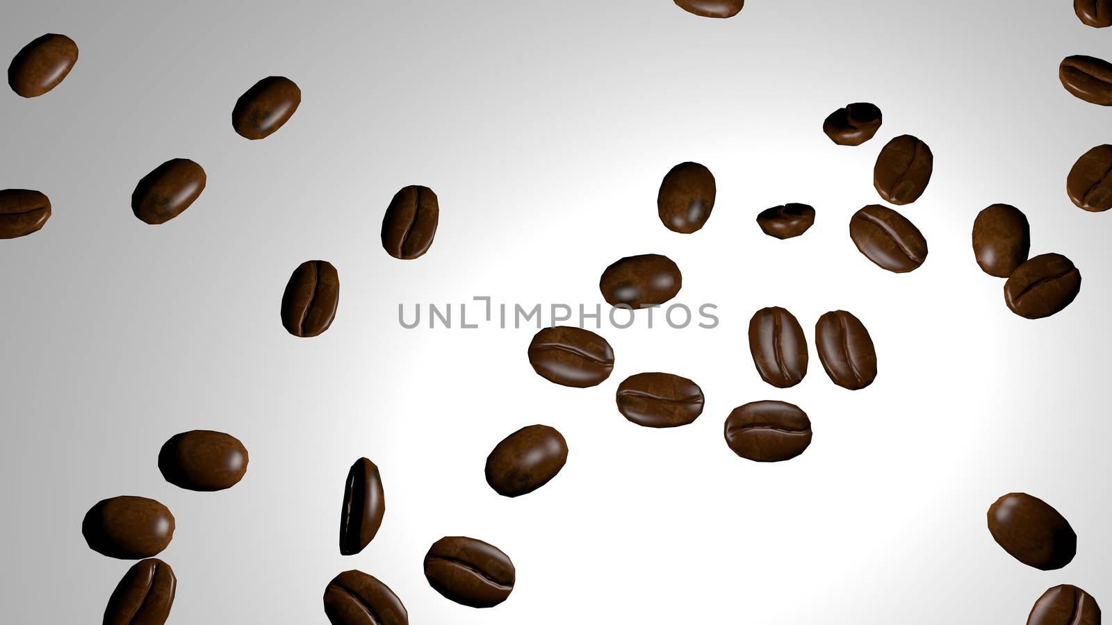 Scattered roasted coffee beans background with copy space for text and advertisements. Coffee beans are healthy for human brain and nervous system. 3D rendering