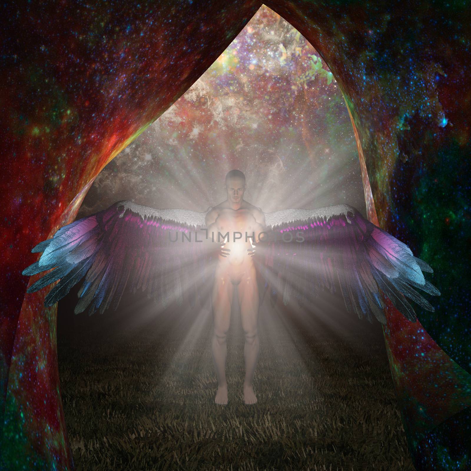 Angel being holds divine light. 3D rendering