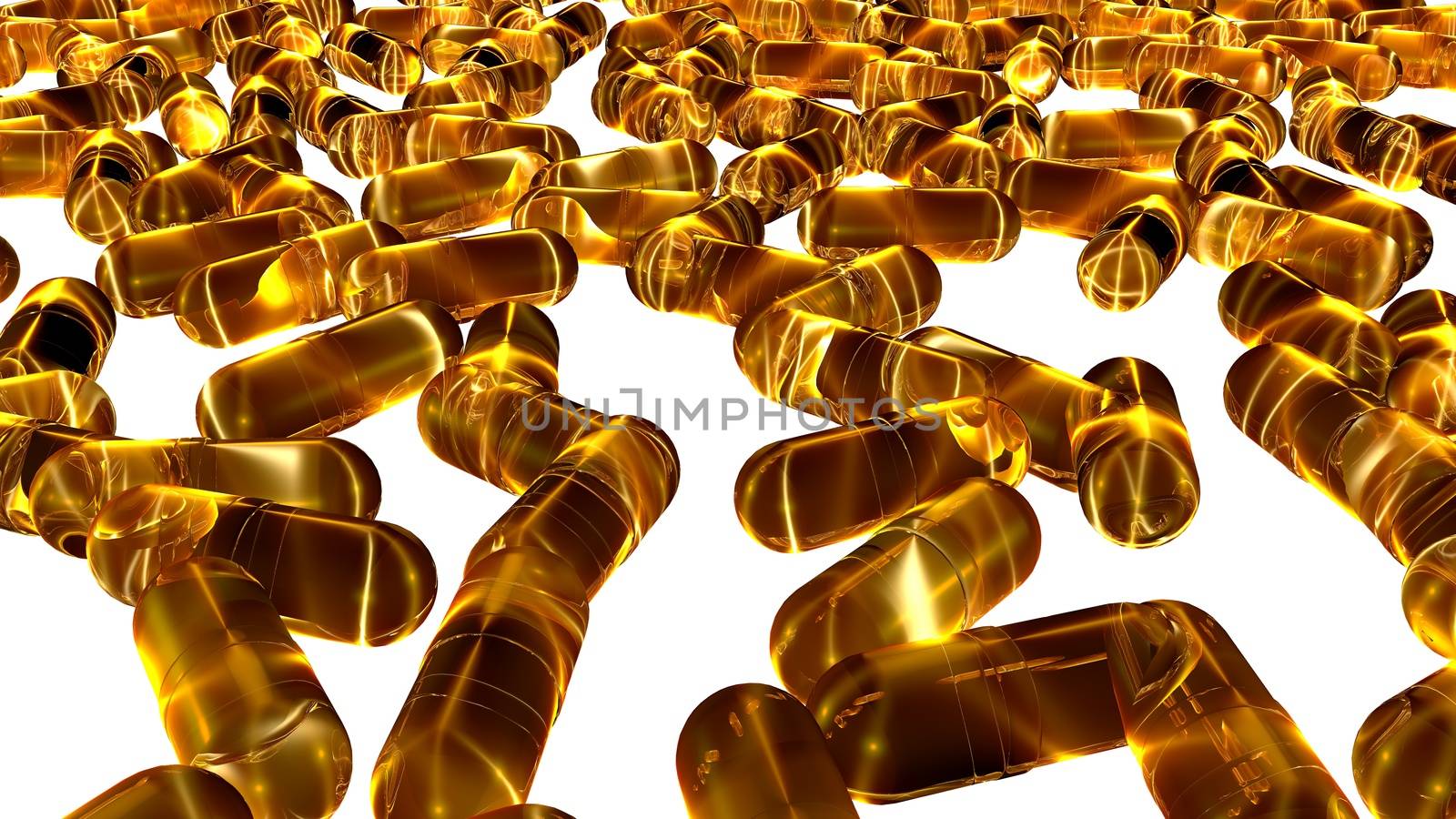 Colorful capsule pills (3d rendered) with transparent gel body and shining looks over a white background.