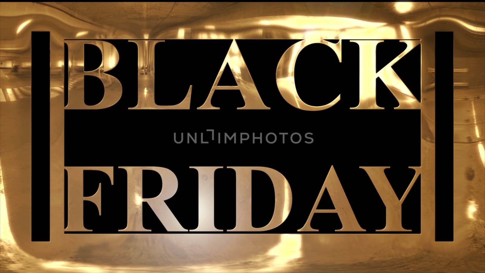 Golden and shining text of "BLACK FRIDAY" with golden frame and dark black background