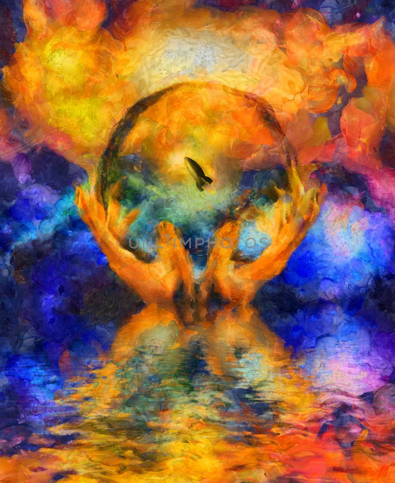 Surreal painting. Crystal ball in hands. Colorful universe reflects in the water. 3D rendering