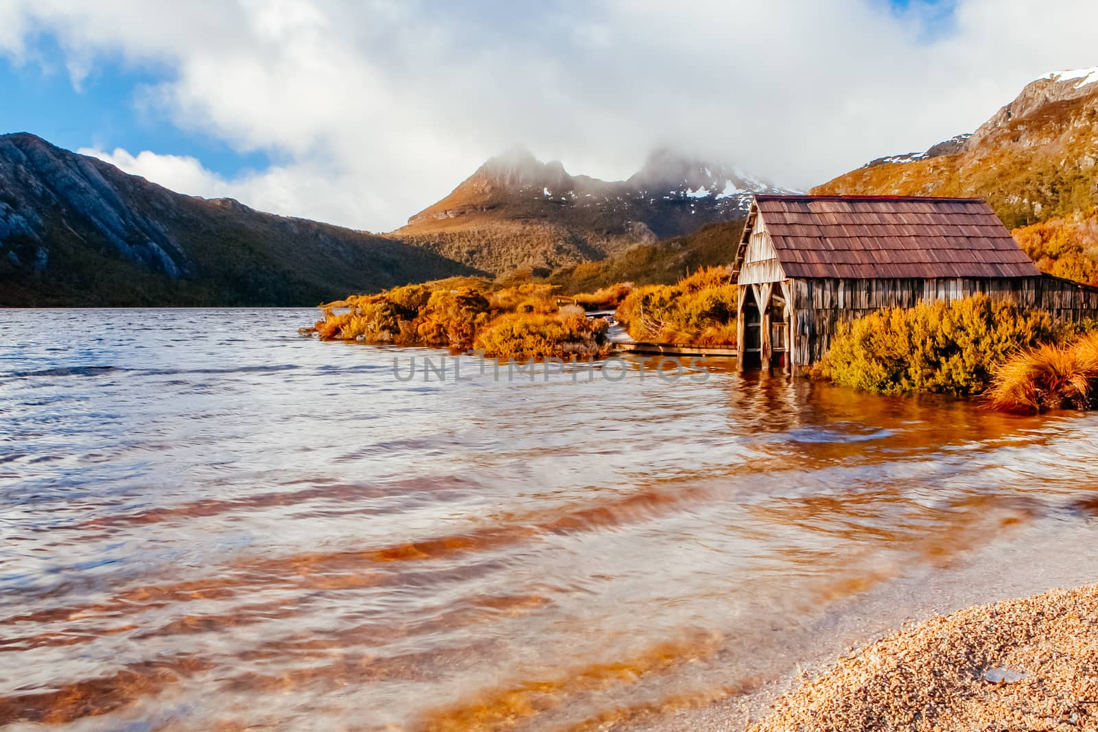 Dove Lake boatshed on an early winter morning in Cradle Mountain, Tasmania, Australia