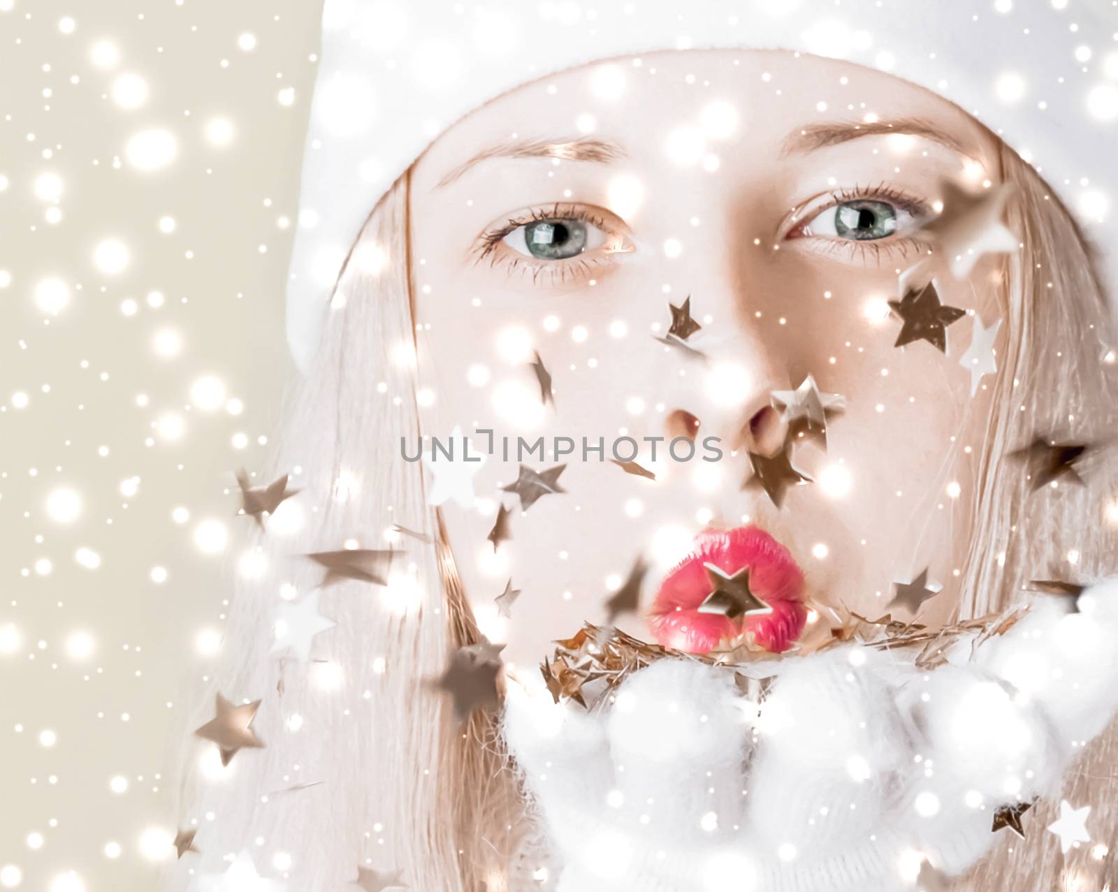 Christmas and glitter snow background, blonde woman with positive emotion in winter season for shopping sale and holiday brand by Anneleven