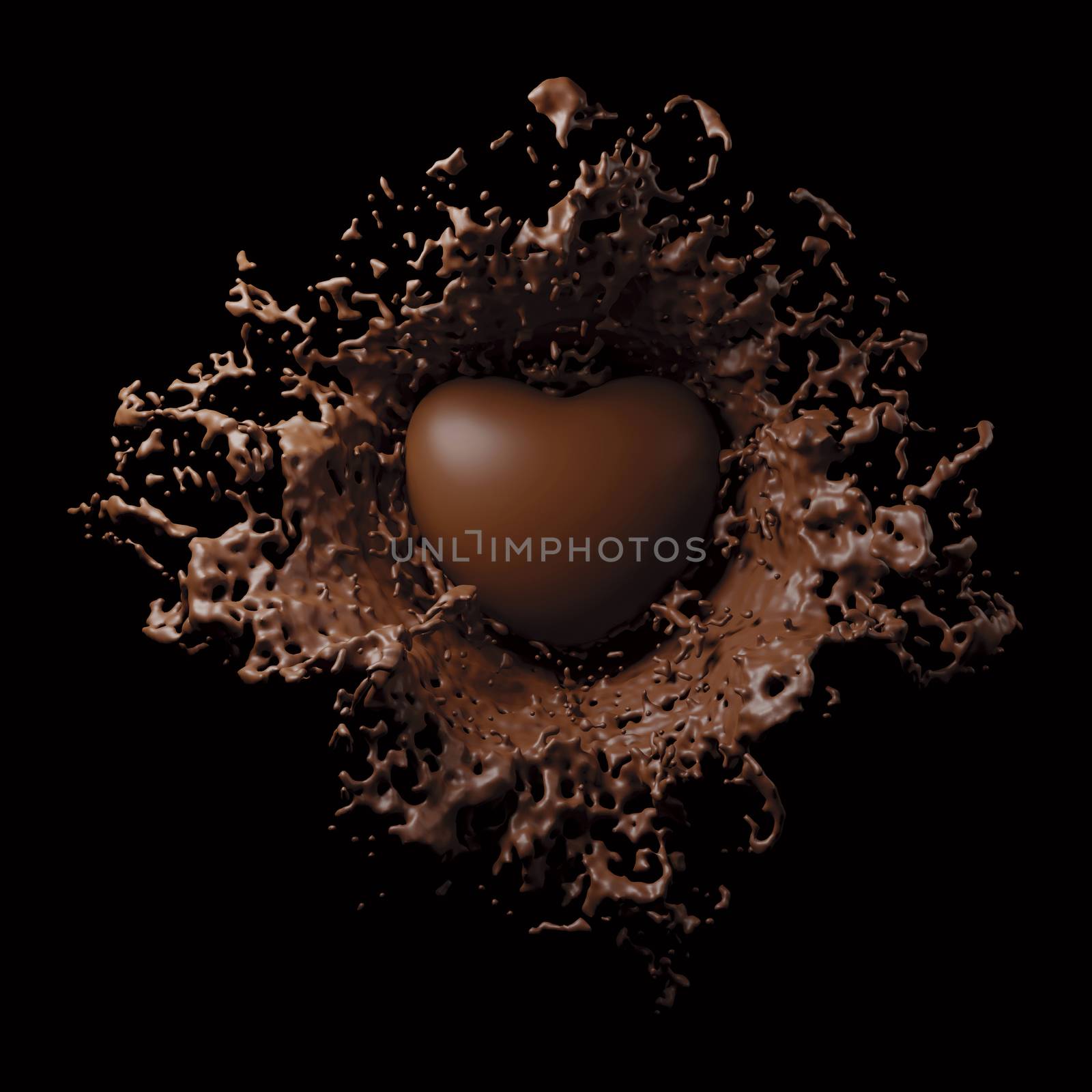 Chocolate heart splash on black background 3d render by Myimagine
