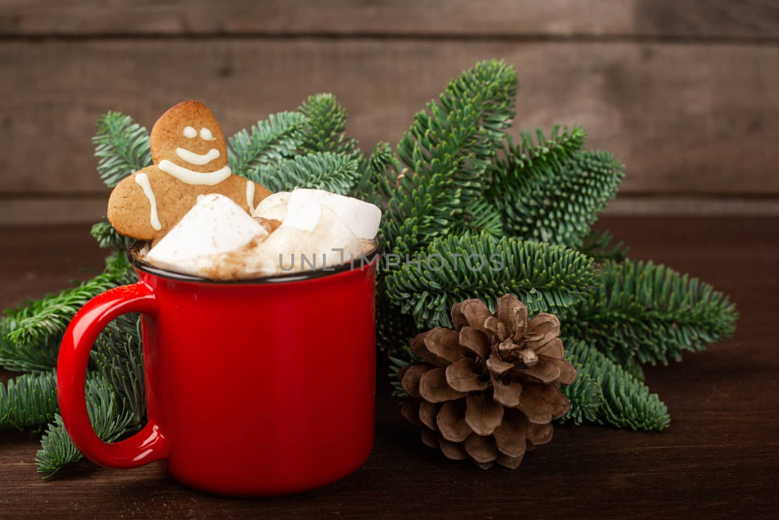 Cocoa hot chocolate in red mug with marshmallows and gingerbread cookie man , fir tree branches and pine cones on dark wooden background