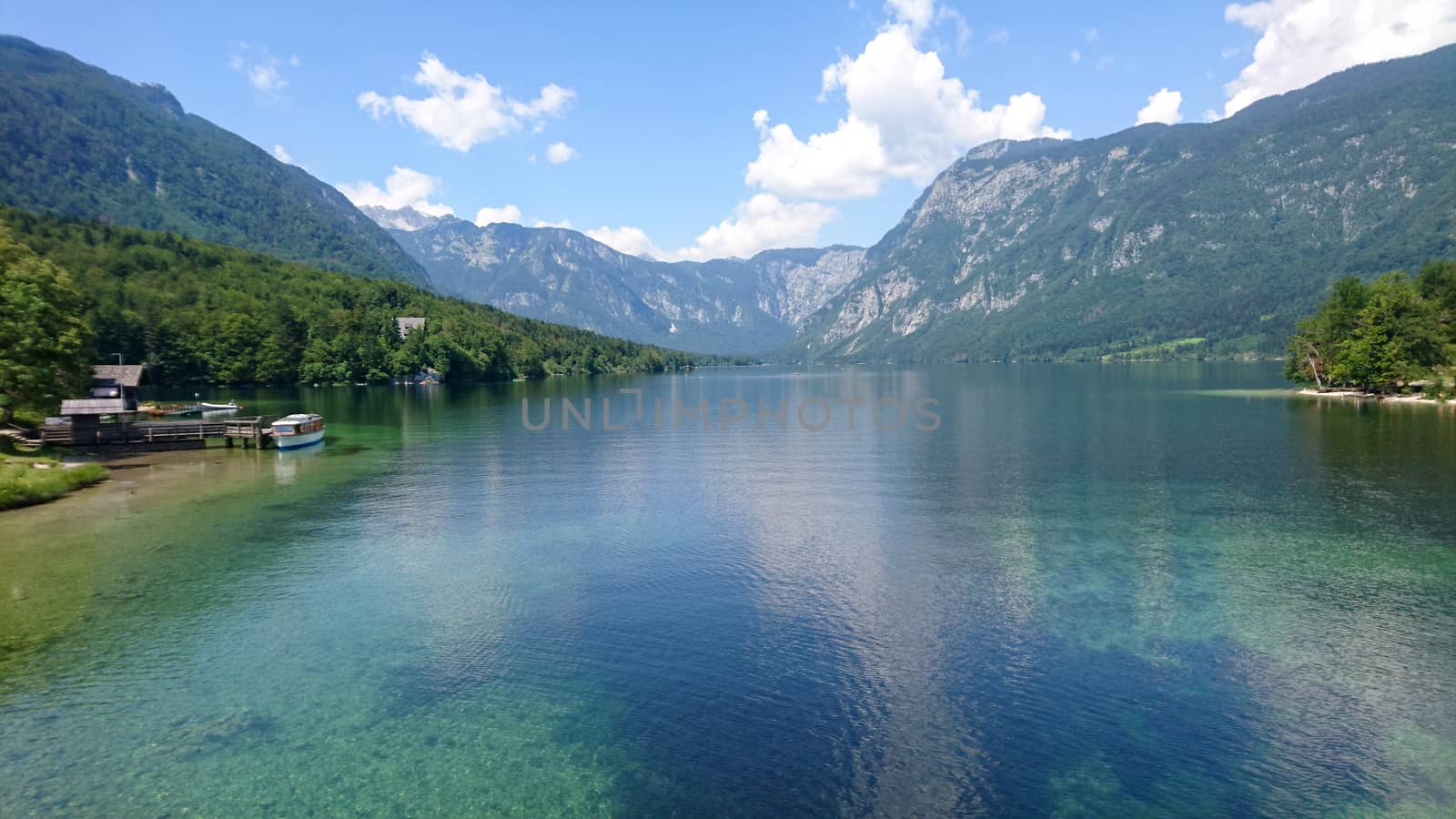 View on Bohinjsko jezero lake in Bohinj, Slovenia. Travel and tourism.