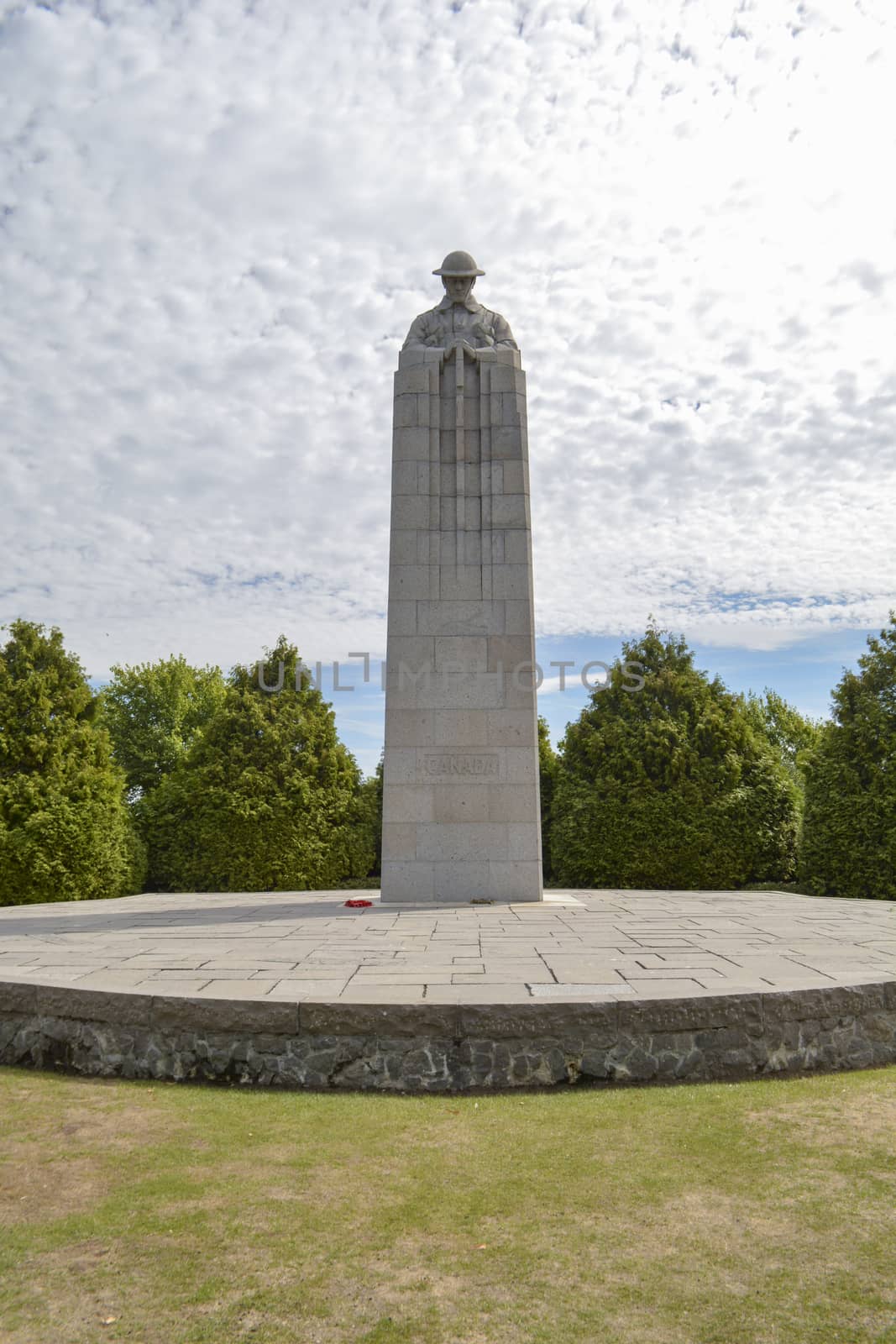 Langemark, Belgium, August 2018: Brooding Soldier at Saint Julien Memorial. Canadian WW1 war monument