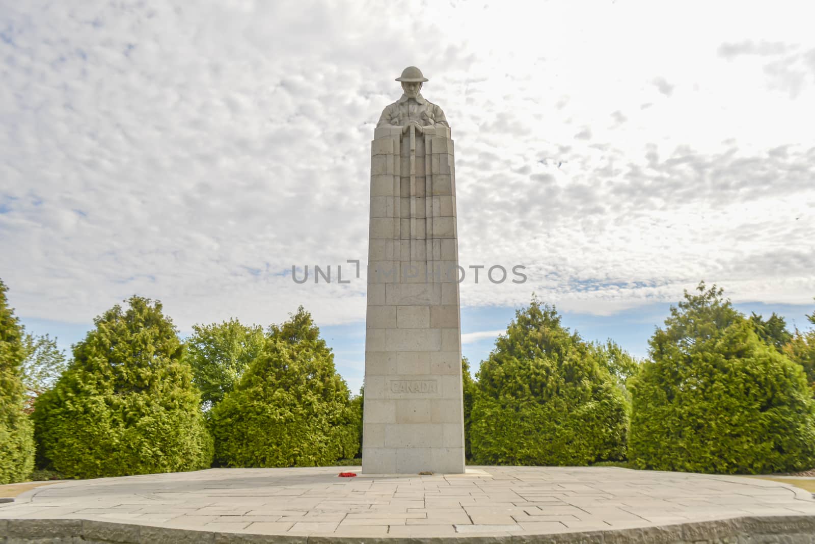 Langemark, Belgium, August 2018: Brooding Soldier at Saint Julien Memorial. Canadian WW1 war monument