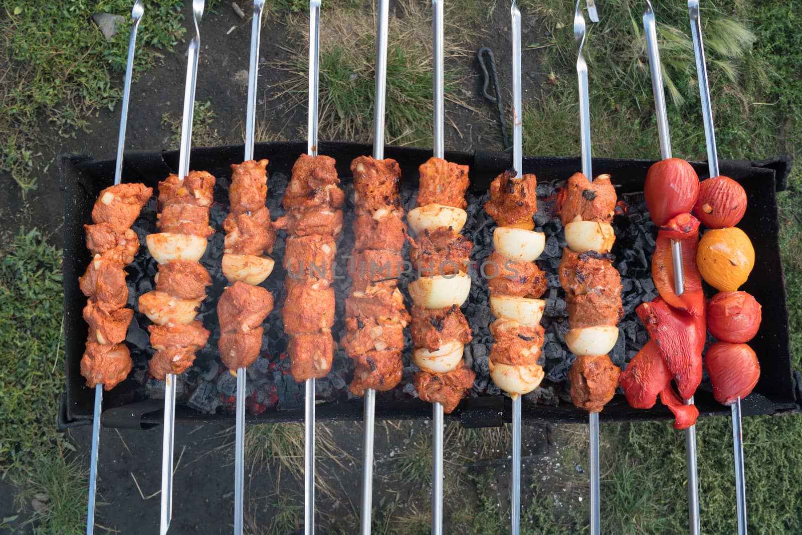 Photo cooking fry shish kebab,BBQ, barbecue, shashlik or meat on by YevgeniySam