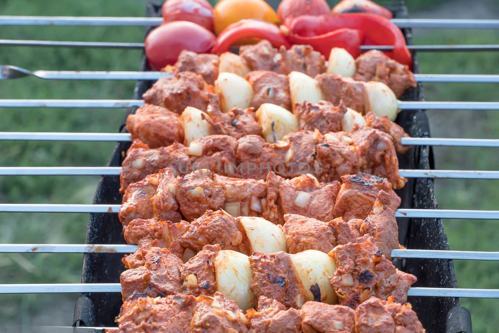 Photo cooking fry shish kebab,BBQ, barbecue, shashlik or meat on by YevgeniySam