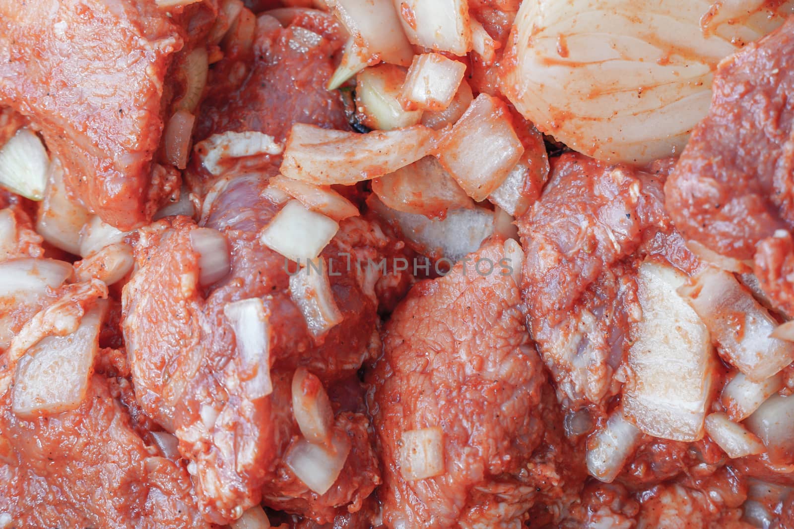 Marinated raw meat for shish kebab or barbecue with onions and spices close up