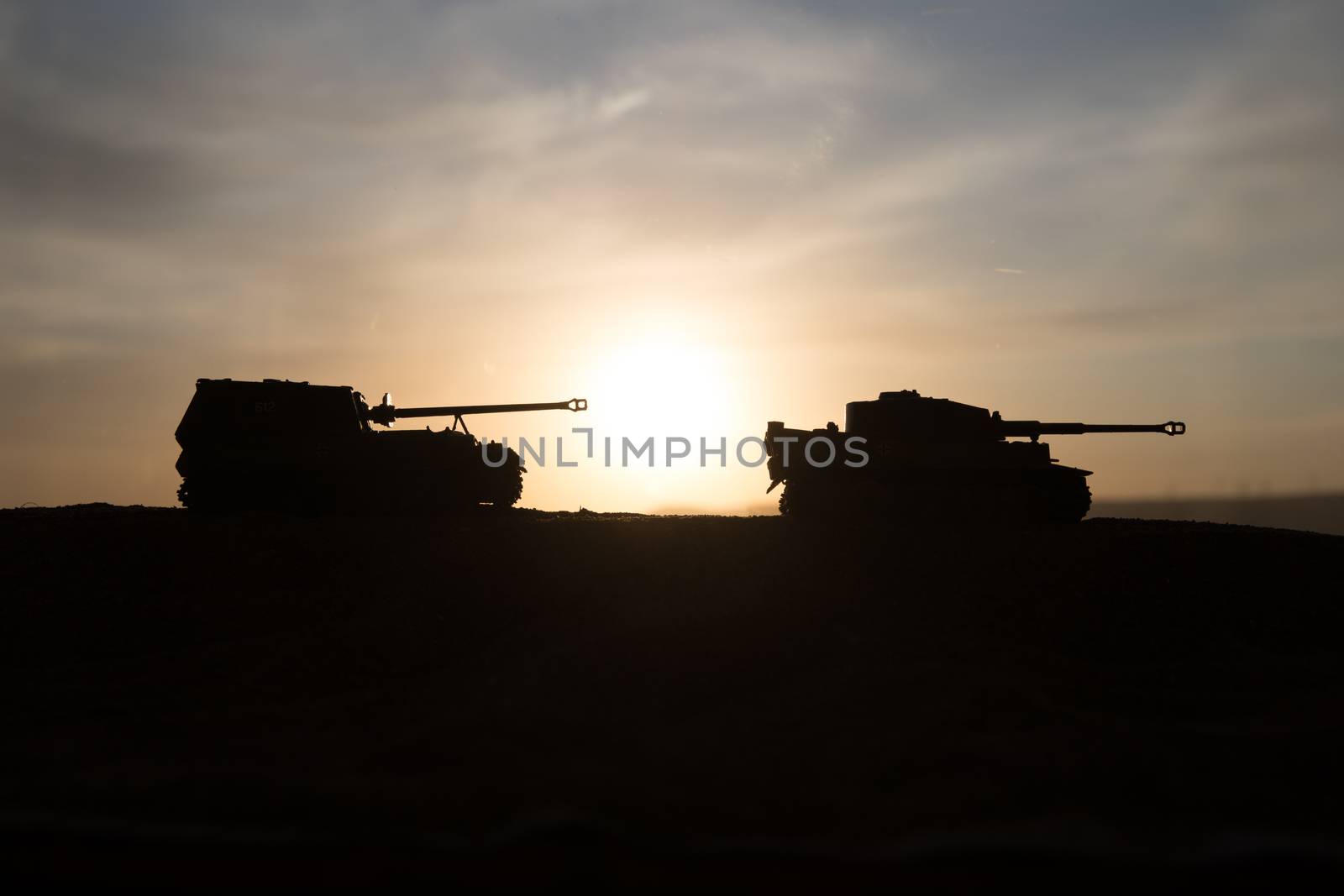 War Concept. Military silhouettes fighting scene on war fog sky background, World War Soldiers Silhouette Below Cloudy Skyline sunset. Selective focus