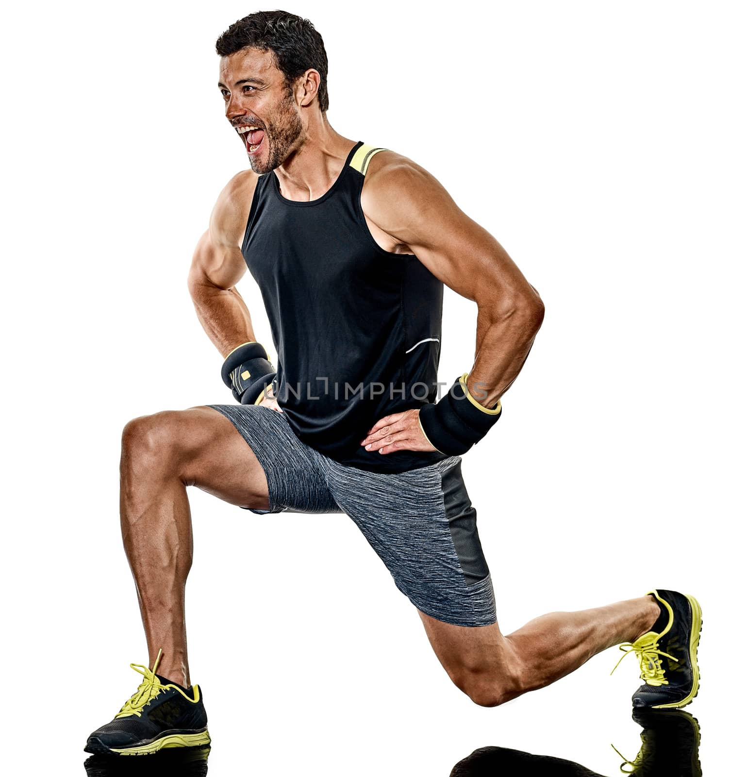 one caucasian fitness man exercising cardio boxing exercises in studio  isolated on white background