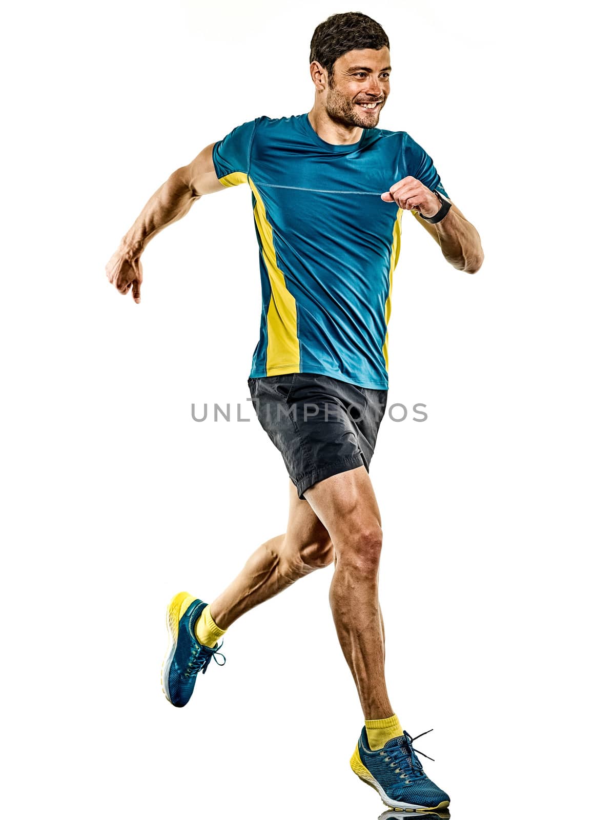one caucasian handsome mature man running runner jogging jogger isolated on white background