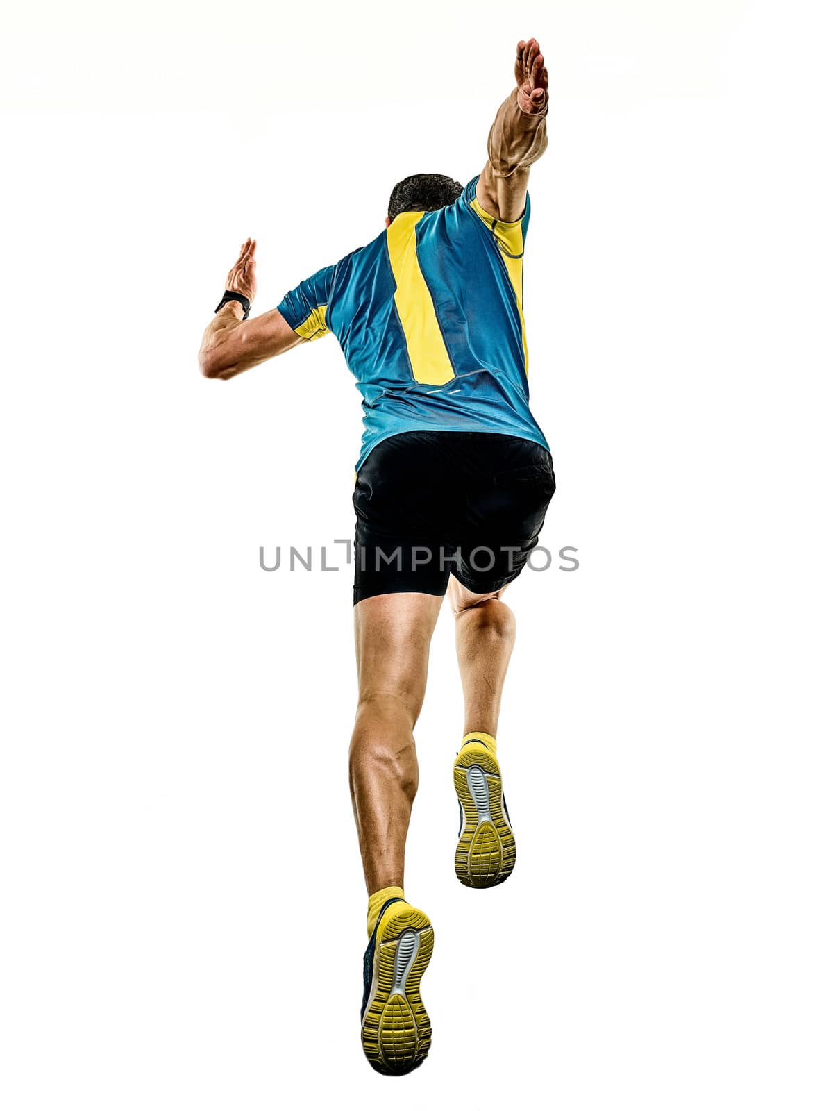 one caucasian handsome mature man running runner jogging jogger isolated on white background