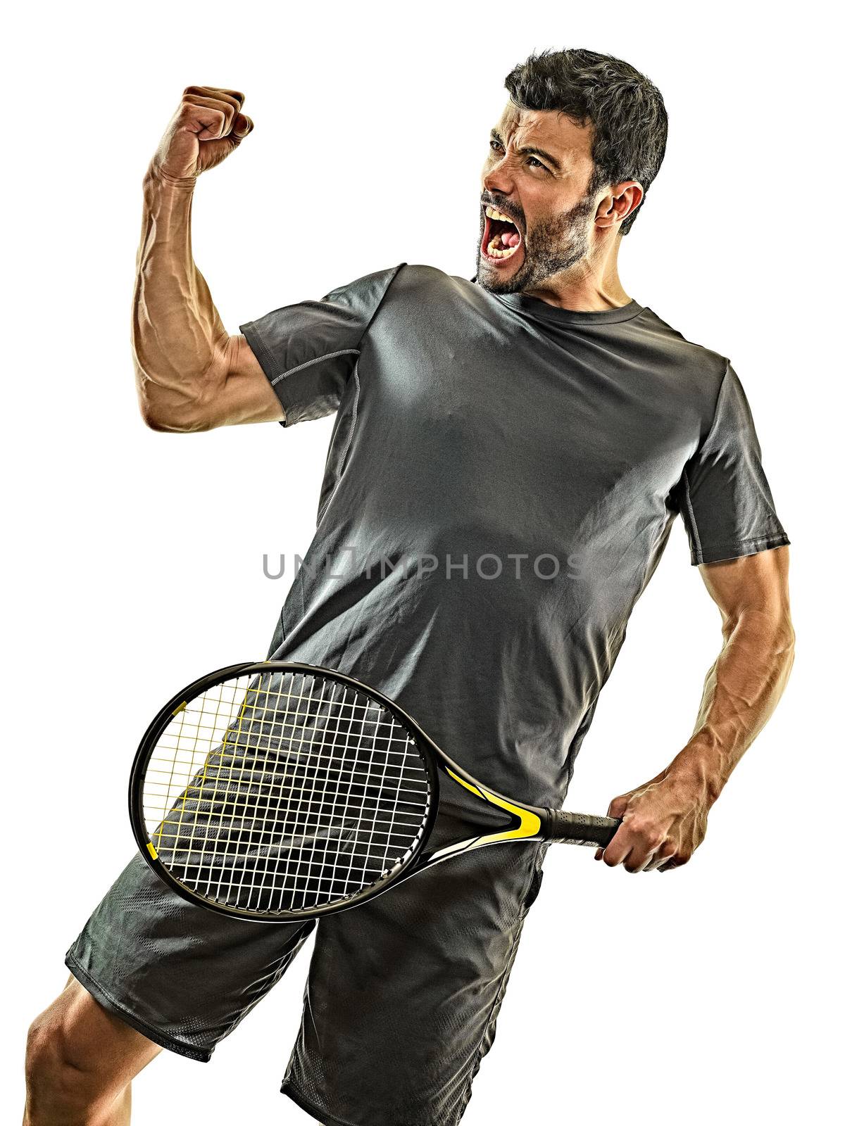 one caucasian mature tennis player man happy winner strong powerful in studio isolated on white background