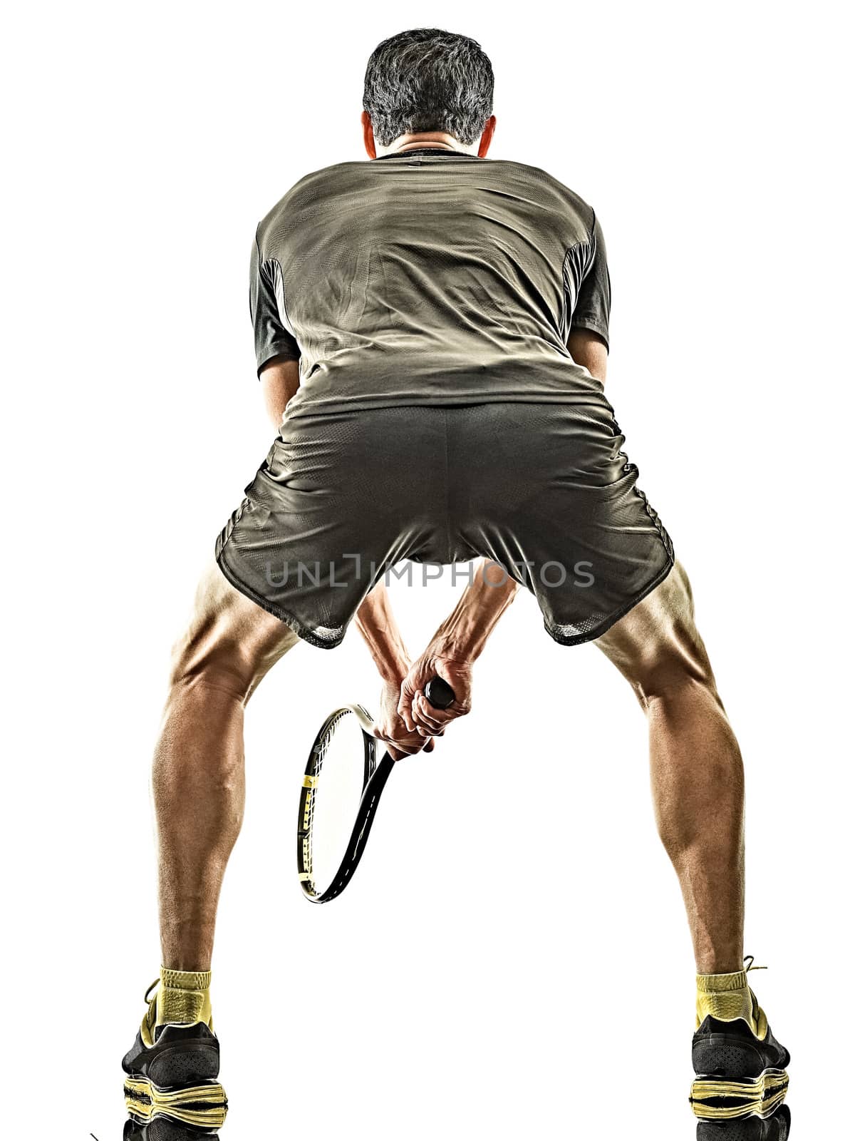 mature tennis player man back rear view isolated white background by PIXSTILL