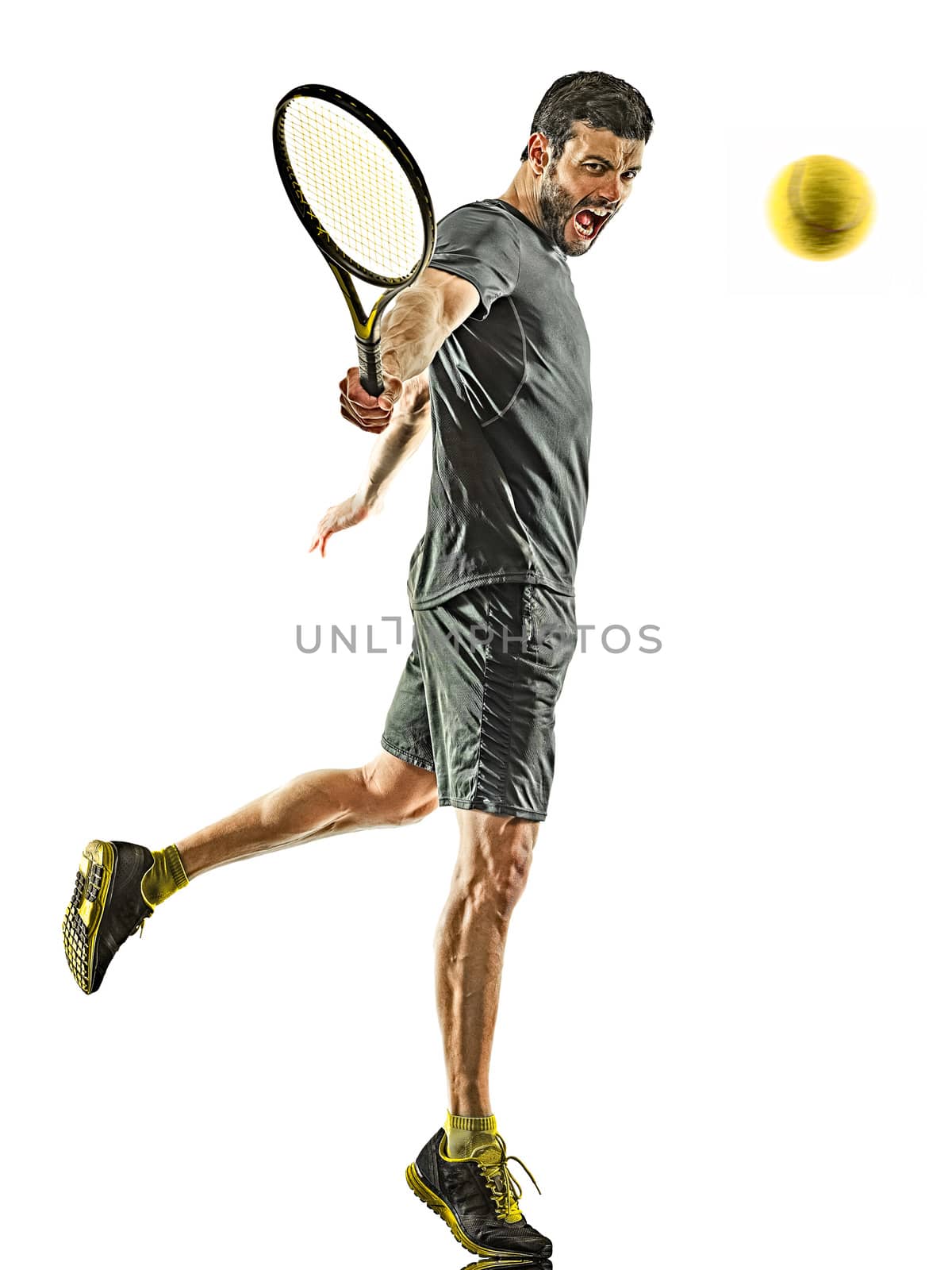 mature tennis player man backhand silhouette full length isolated white background by PIXSTILL