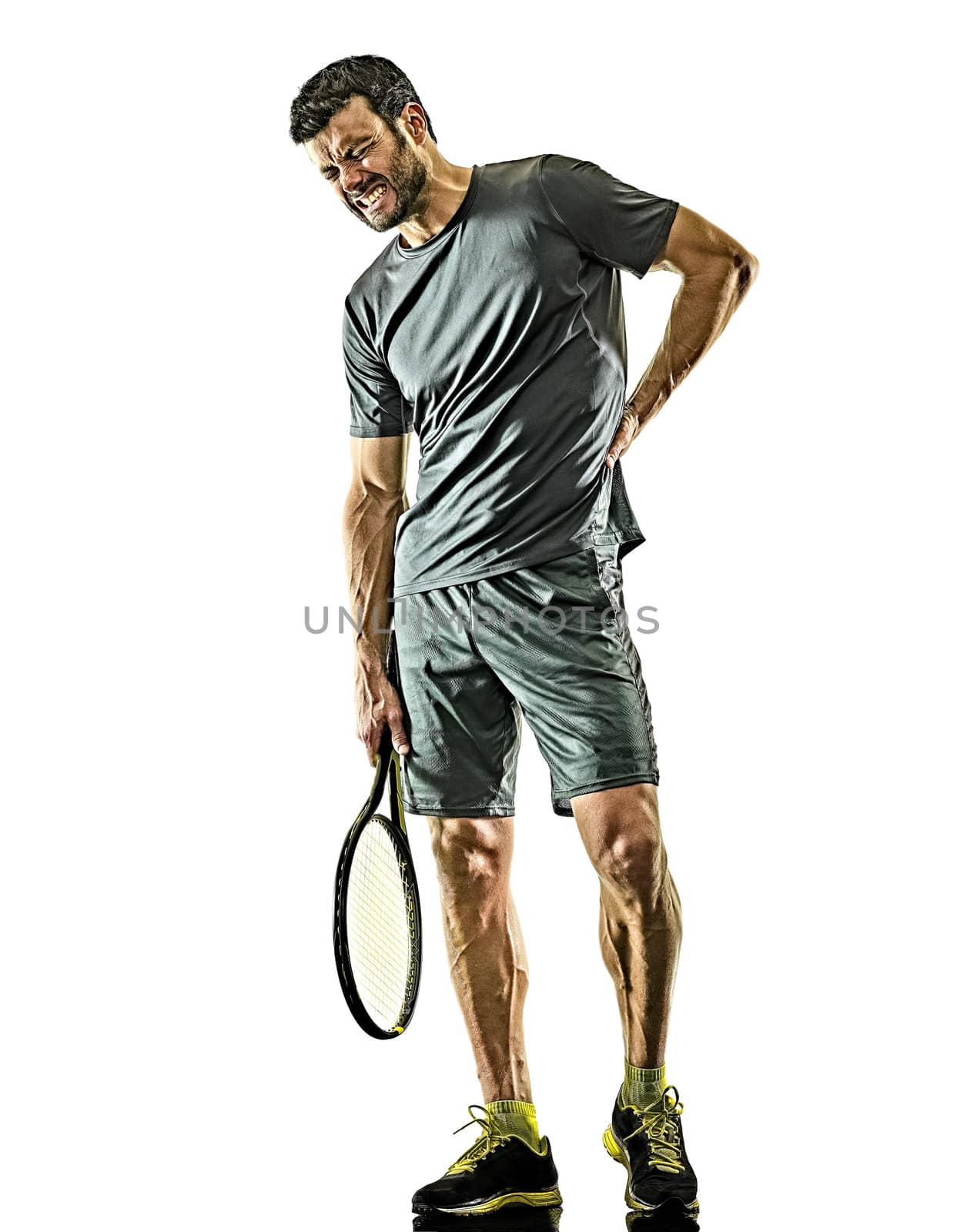 mature tennis player man physical pain injury isolated white background by PIXSTILL